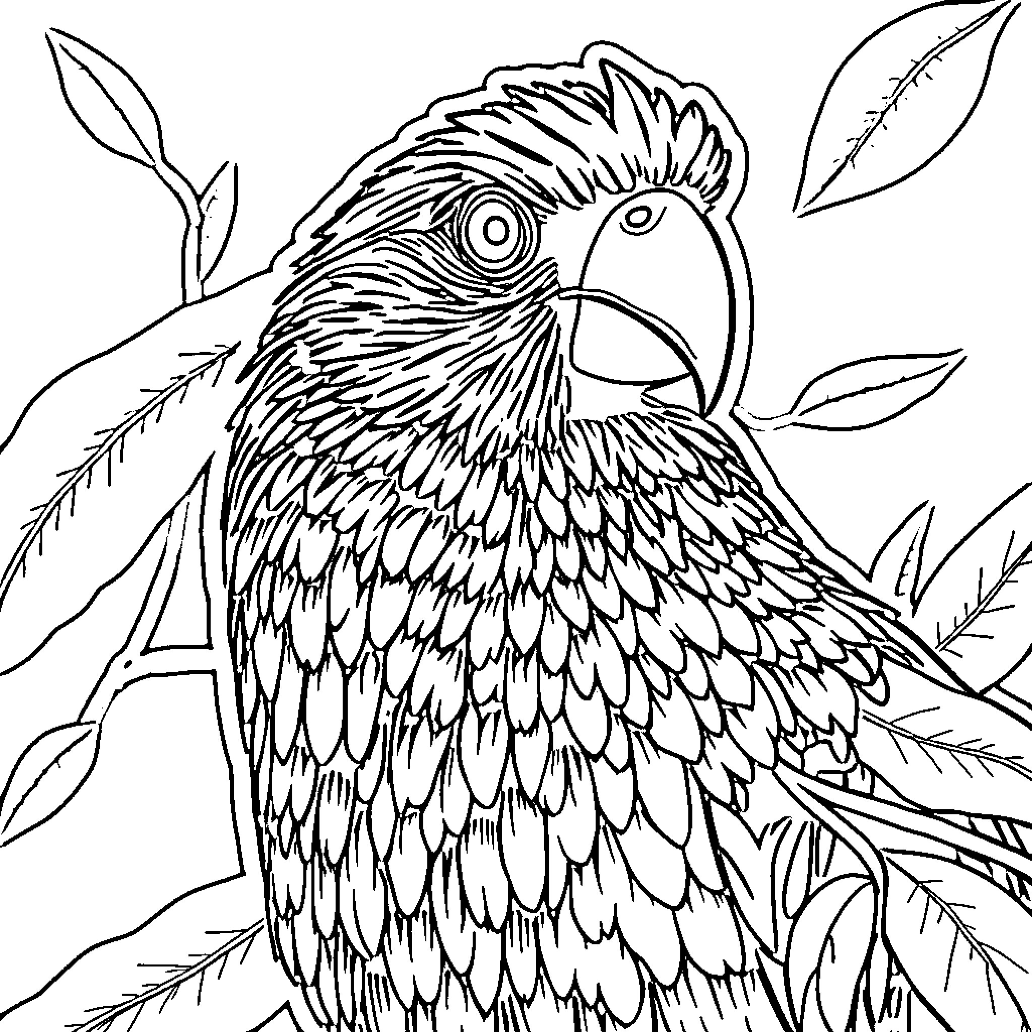 Duck with vibrant plumage amid foliage Coloring Page (free black-and-white line drawing printable PDF for all, from beginners to advanced learners, including children, teens, adults, and seniors)