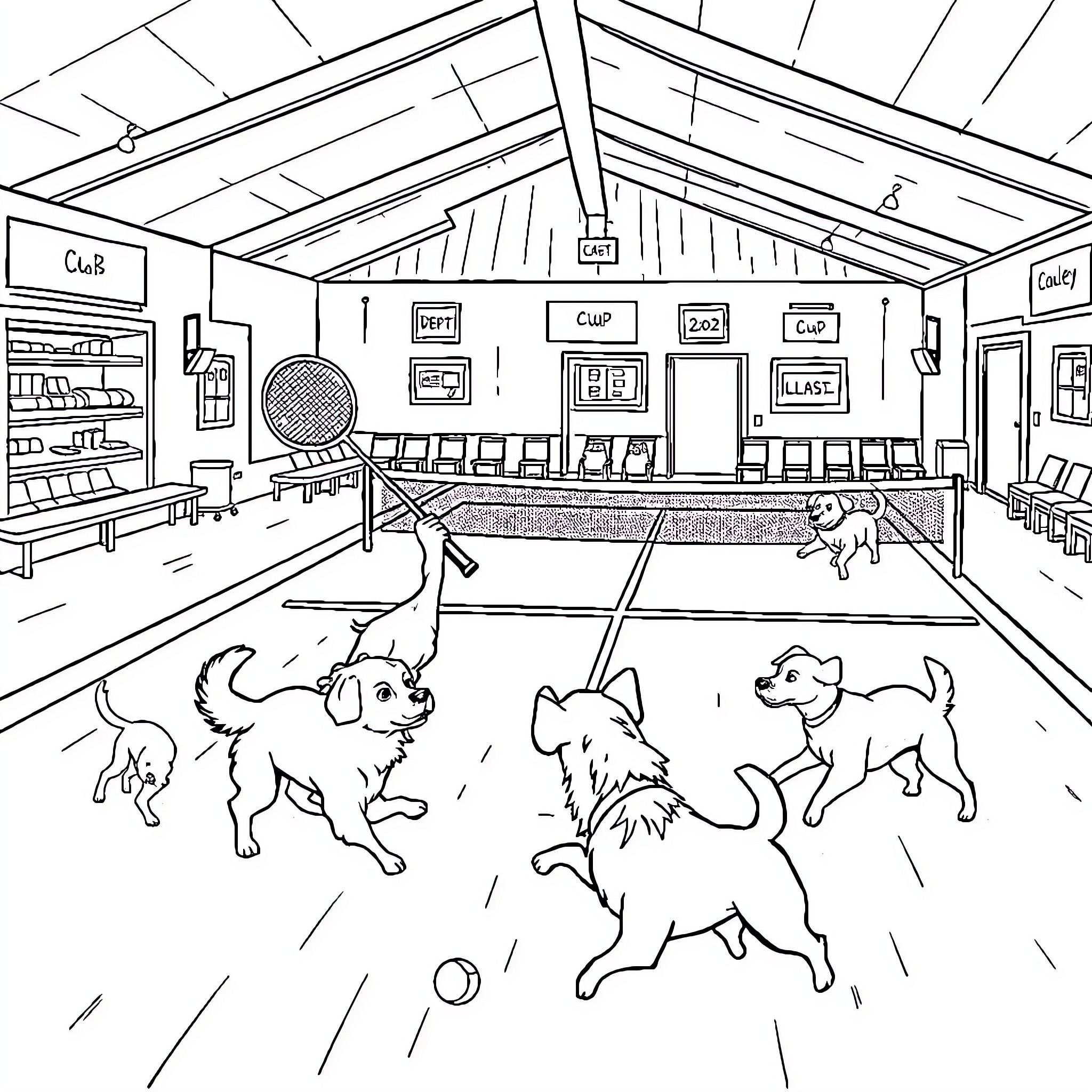 Caca Canines Cavorting in Club Cabin Coloring Page (free black-and-white line drawing printable PDF for all, from beginners to advanced learners, including children, teens, adults, and seniors)