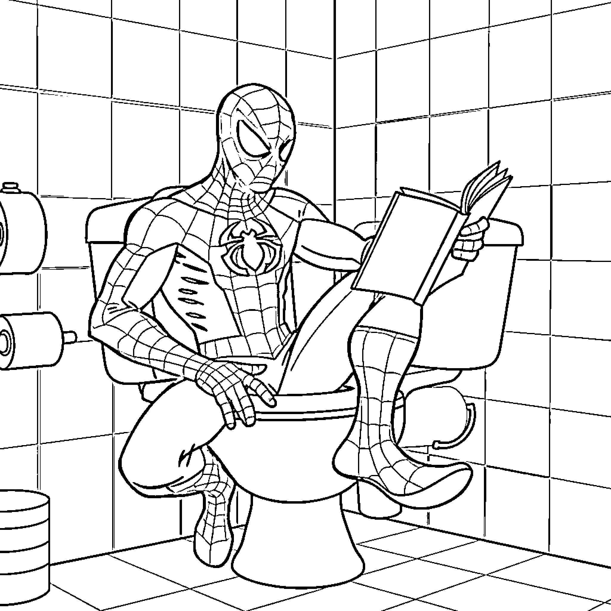 Spiderman reading a book on the toilet Coloring Page (free black-and-white line drawing printable PDF for all, from beginners to advanced learners, including children, teens, adults, and seniors)