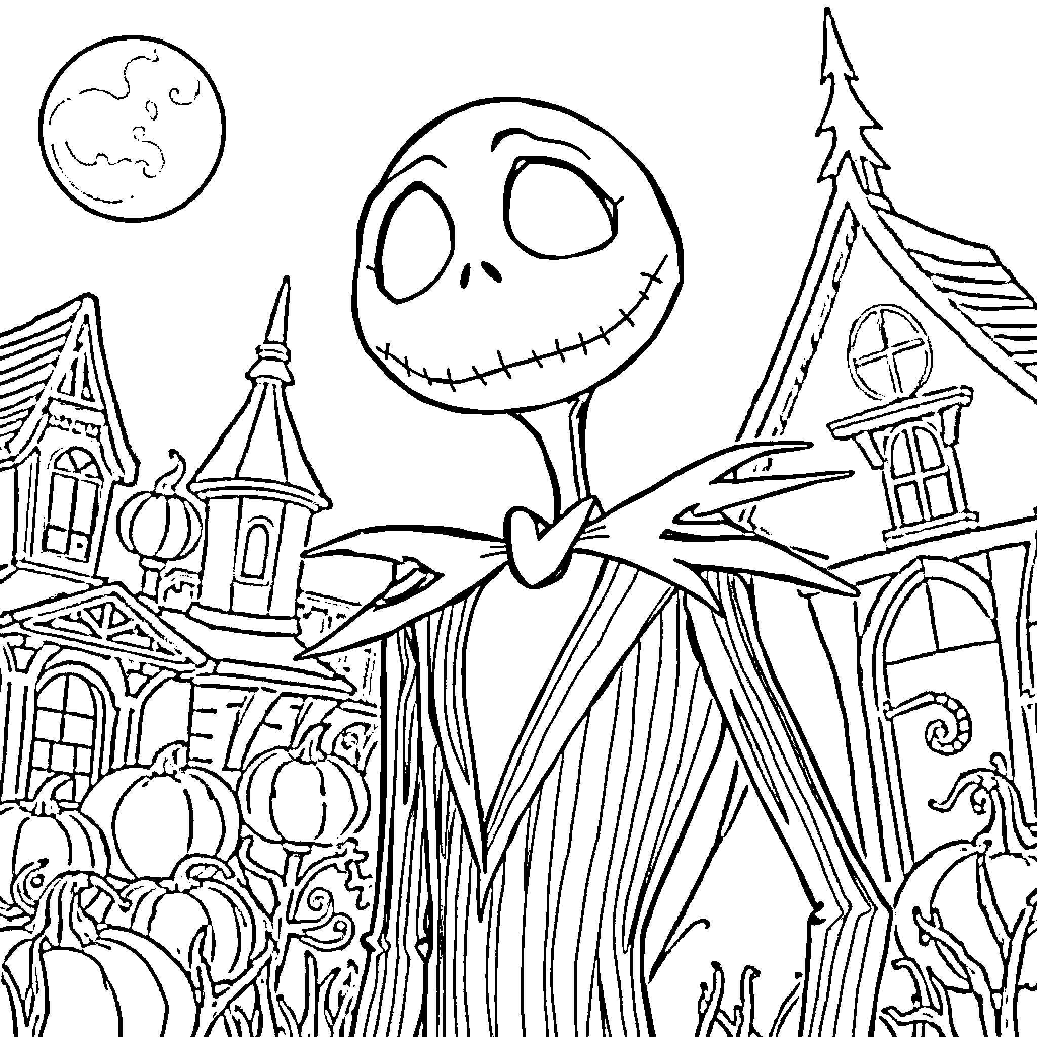 Jack Skellington exploring a spooky town scene Coloring Page (free black-and-white line drawing printable PDF for all, from beginners to advanced learners, including children, teens, adults, and seniors)