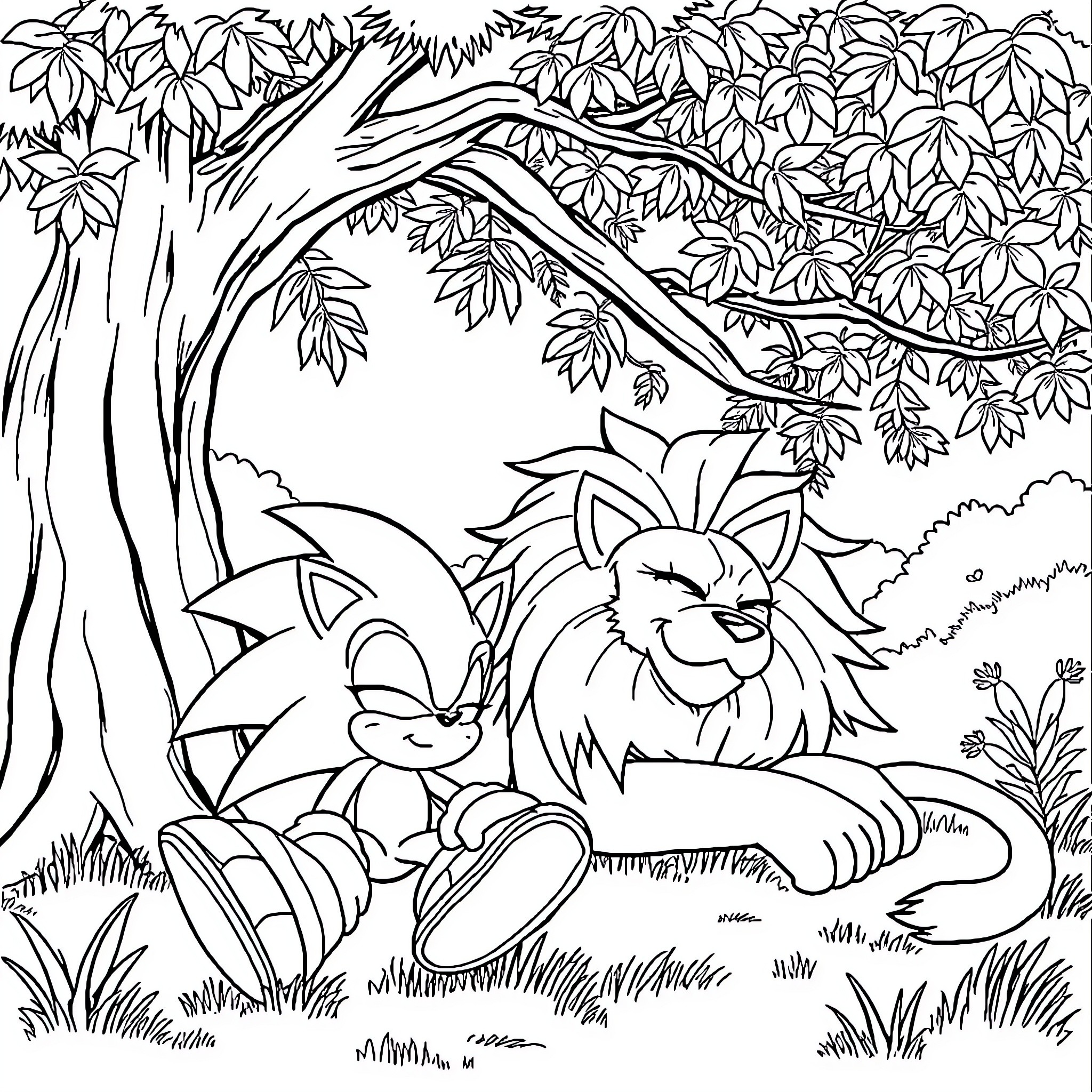 Sonic Characters Relaxing in Lush Nature Coloring Page (free black-and-white line drawing printable PDF for all, from beginners to advanced learners, including children, teens, adults, and seniors)