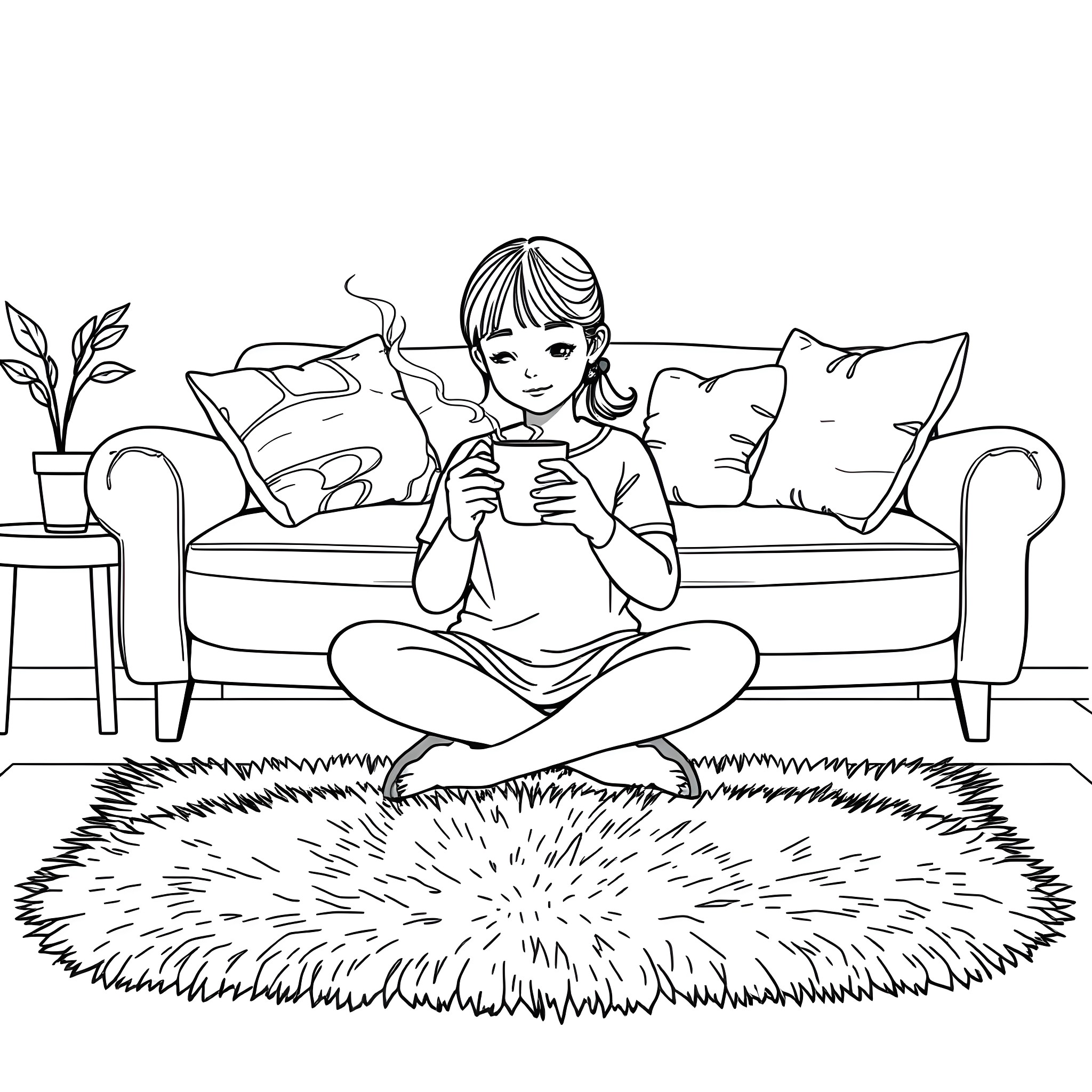 Girl Enjoying a Cozy Afternoon at Home Coloring Page (free black-and-white line drawing printable PDF for all, from beginners to advanced learners, including children, teens, adults, and seniors)