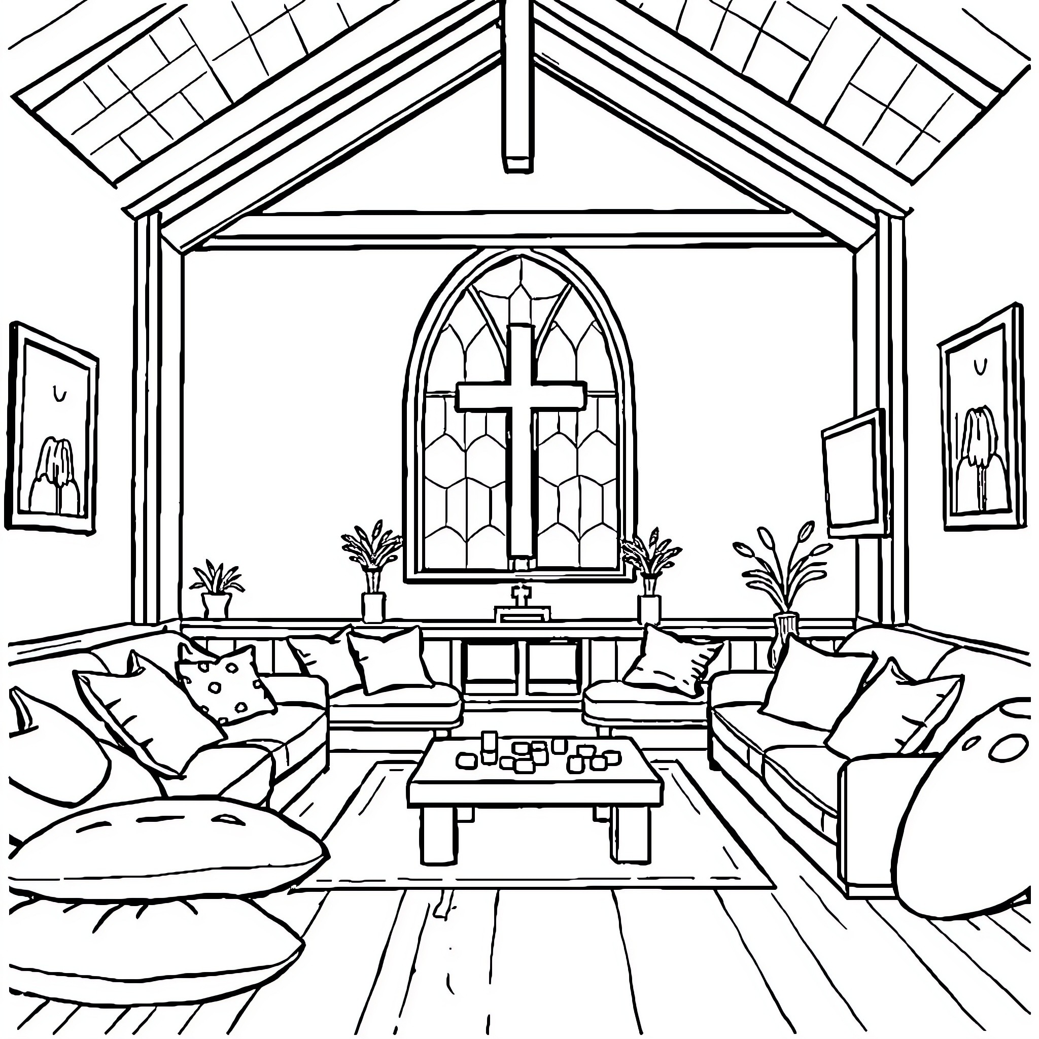 Church interior with cozy living room setup Coloring Page (free black-and-white line drawing printable PDF for all, from beginners to advanced learners, including children, teens, adults, and seniors)