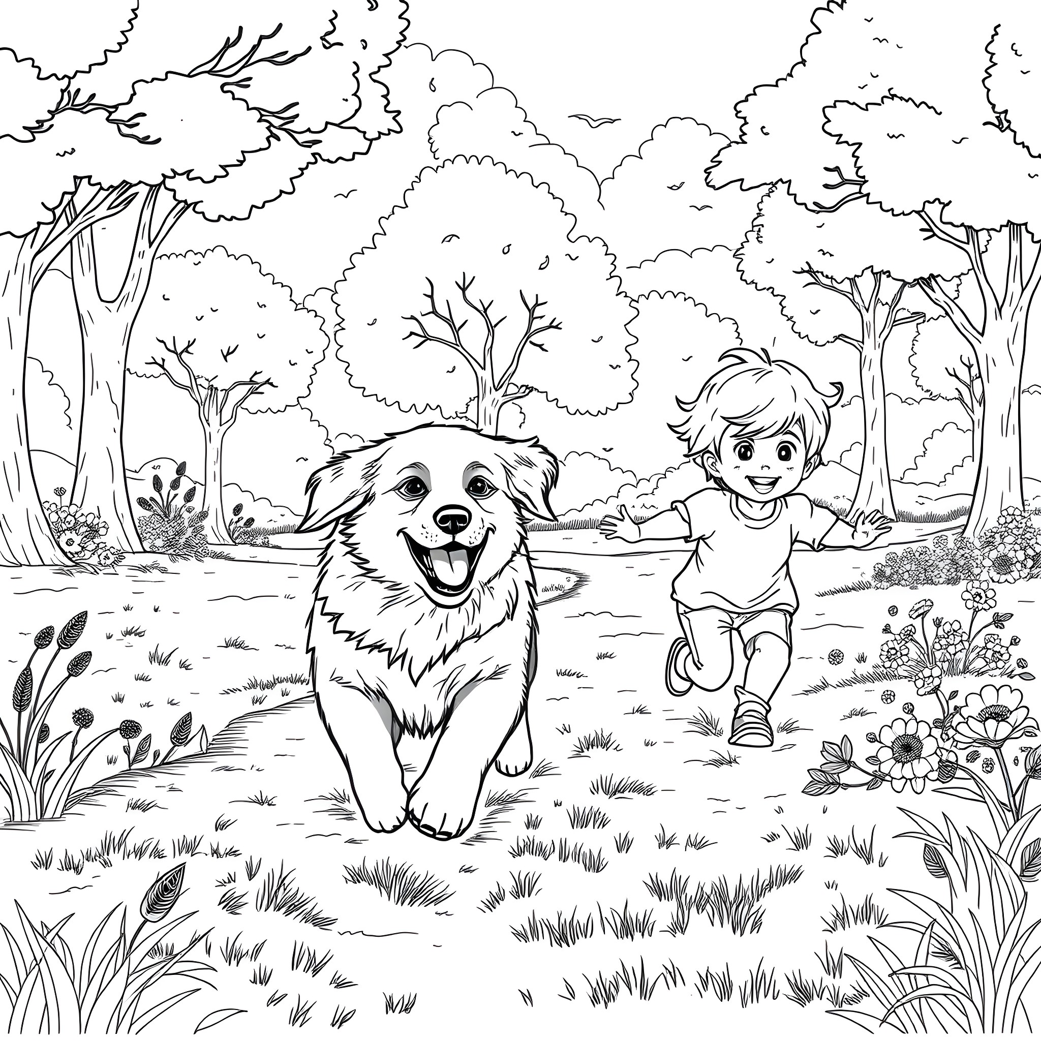 Dog and child playing happily in the forest Coloring Page (free black-and-white line drawing printable PDF for all, from beginners to advanced learners, including children, teens, adults, and seniors)