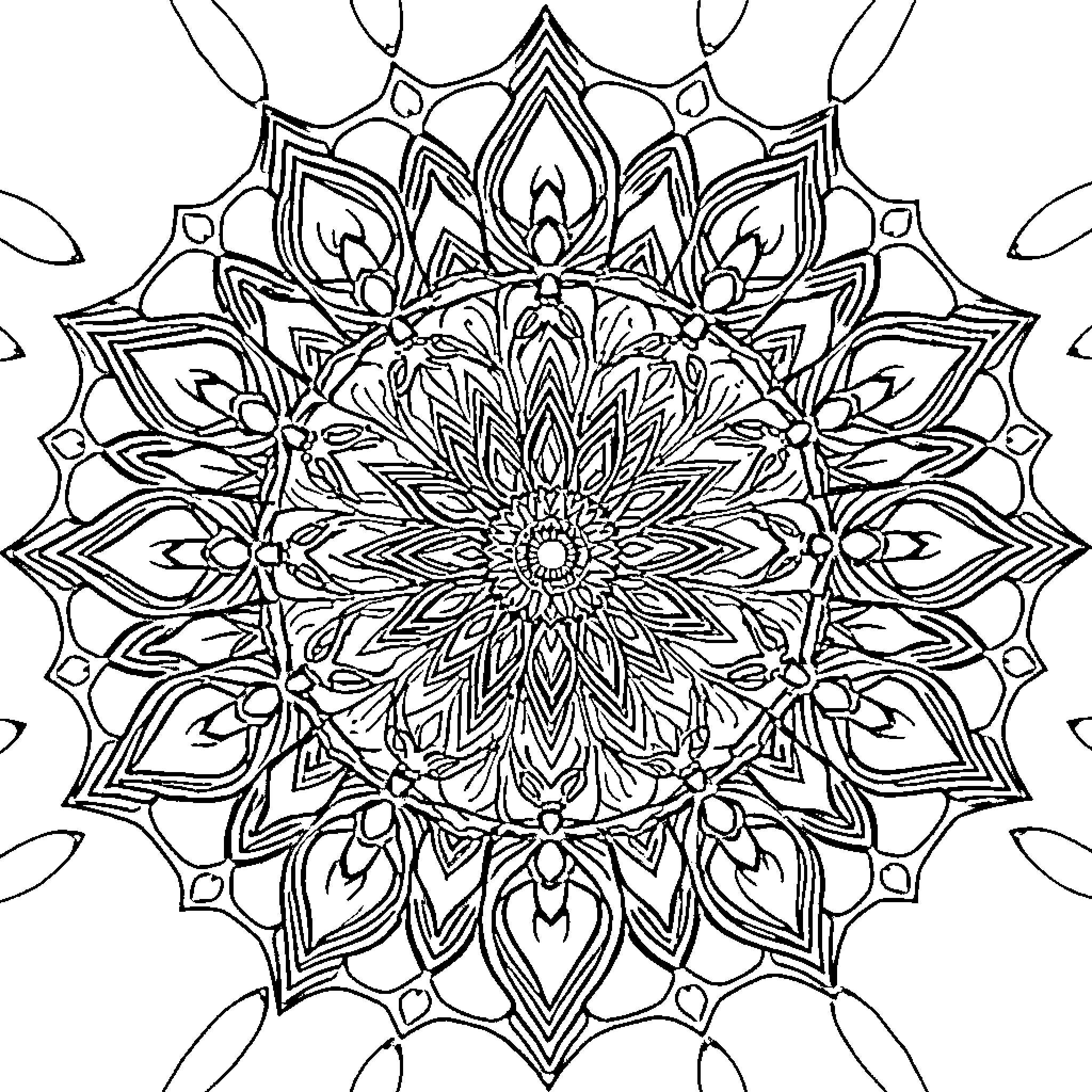 Mandala of intricate patterns and designs Coloring Page (free black-and-white line drawing printable PDF for all, from beginners to advanced learners, including children, teens, adults, and seniors)