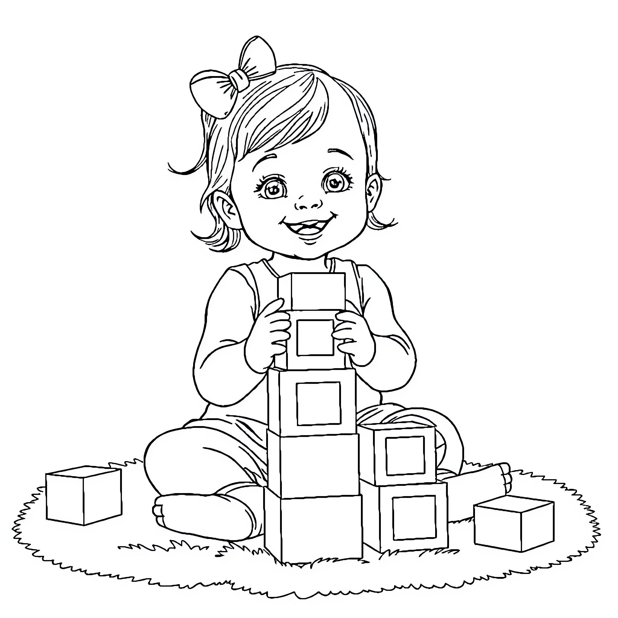 Baby Girl Playing with Building Blocks Coloring Page (free black-and-white line drawing printable PDF for all, from beginners to advanced learners, including children, teens, adults, and seniors)