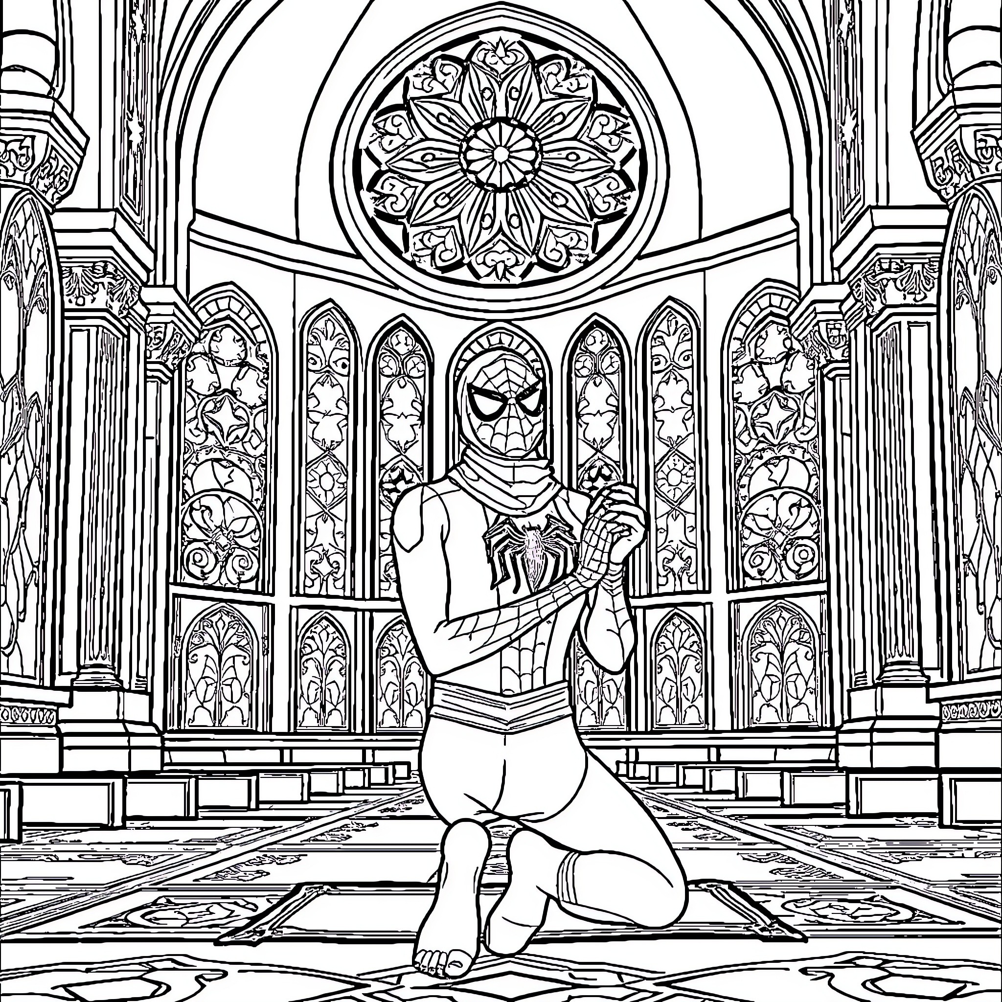 Spiderman in a grand cathedral Coloring Page (free black-and-white line drawing printable PDF for all, from beginners to advanced learners, including children, teens, adults, and seniors)