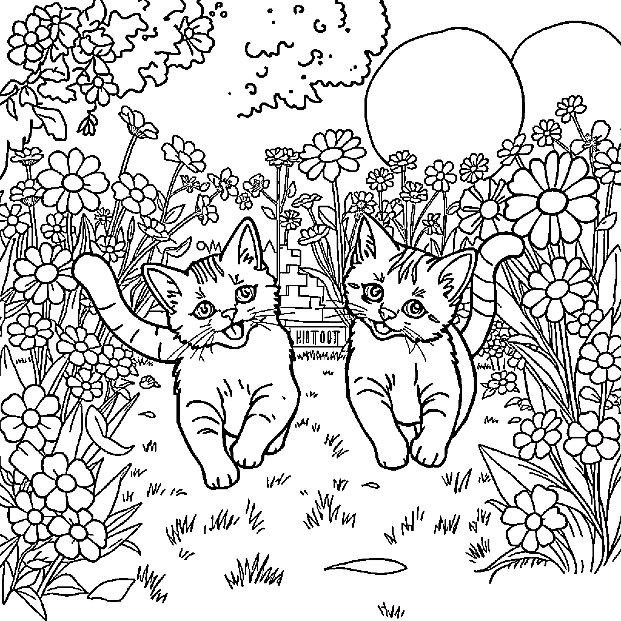 Cat kittens playing in a floral garden Coloring Page (free black-and-white line drawing printable PDF for all, from beginners to advanced learners, including children, teens, adults, and seniors)