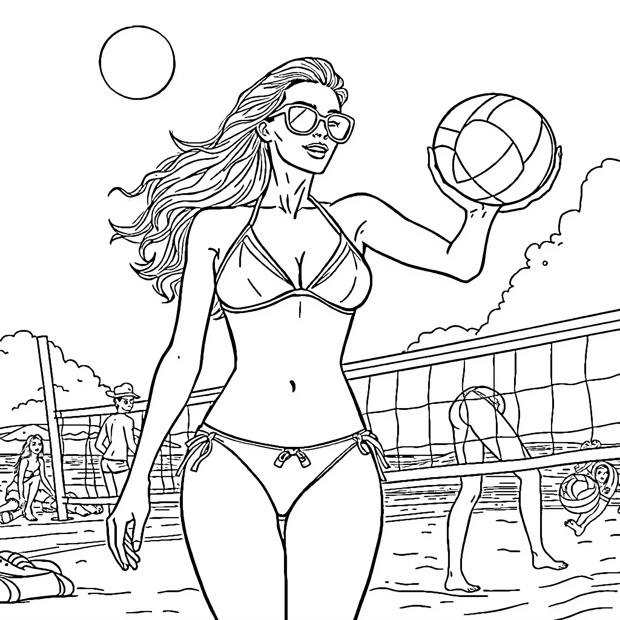 Lady enjoying beach volleyball game in stylish swimwear Coloring Page (free black-and-white line drawing printable PDF for all, from beginners to advanced learners, including children, teens, adults, and seniors)