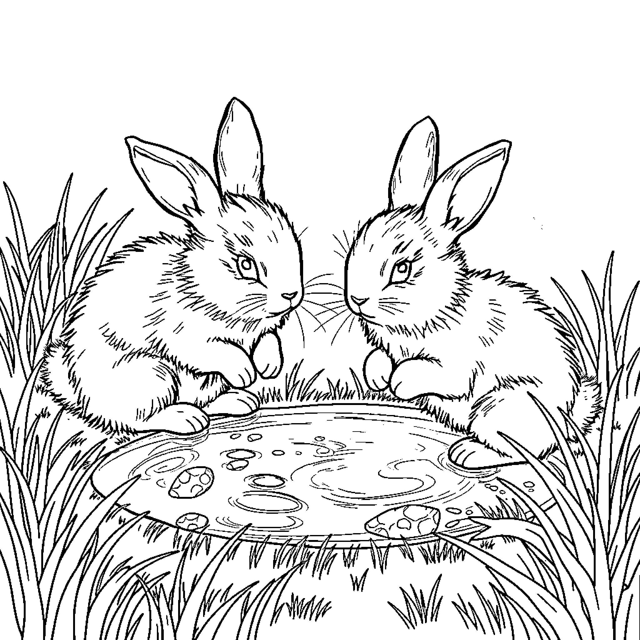 Rabbit Pair Resting in Grassy Meadow Coloring Page (free black-and-white line drawing printable PDF for all, from beginners to advanced learners, including children, teens, adults, and seniors)