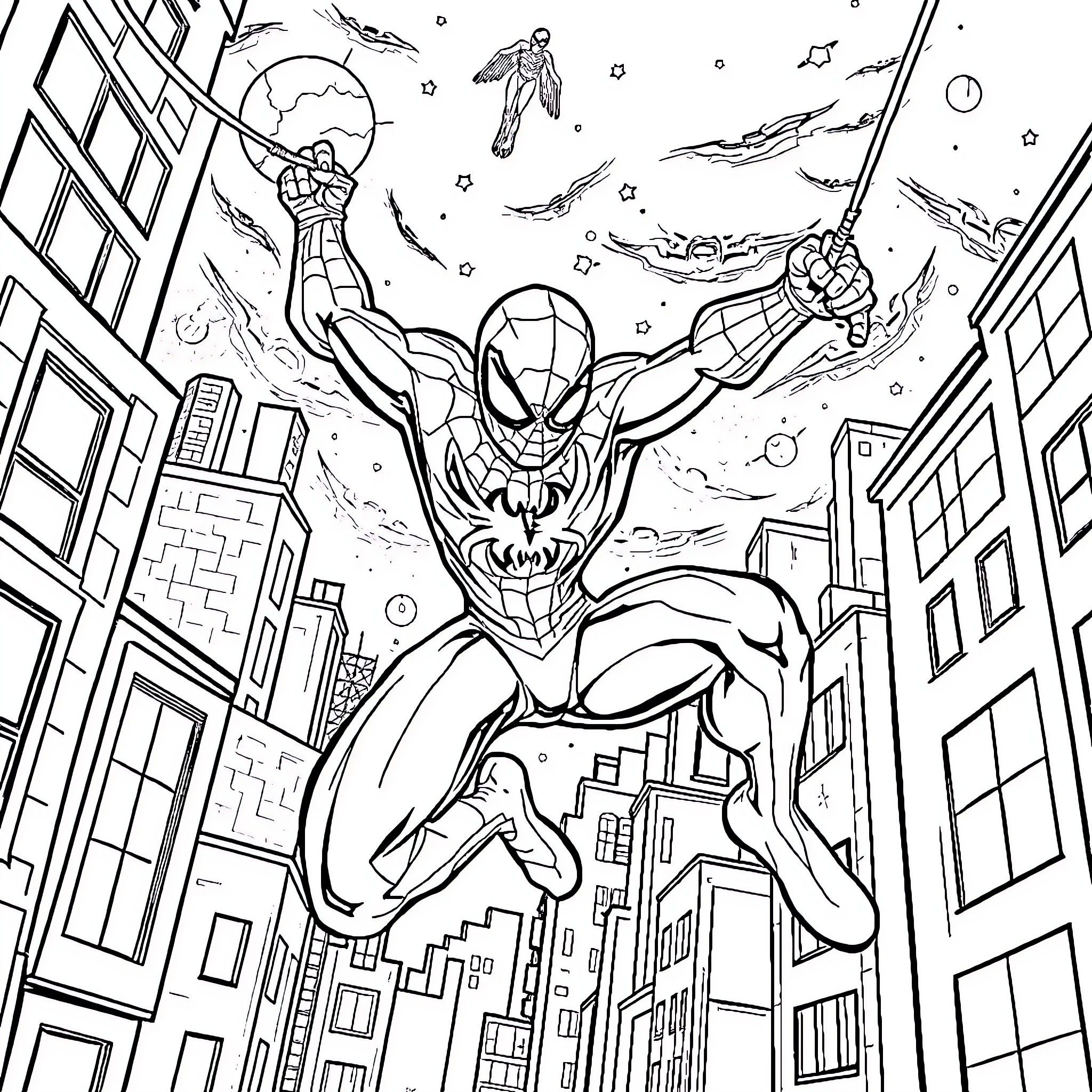 Spiderman swinging through the city streets Coloring Page (free black-and-white line drawing printable PDF for all, from beginners to advanced learners, including children, teens, adults, and seniors)