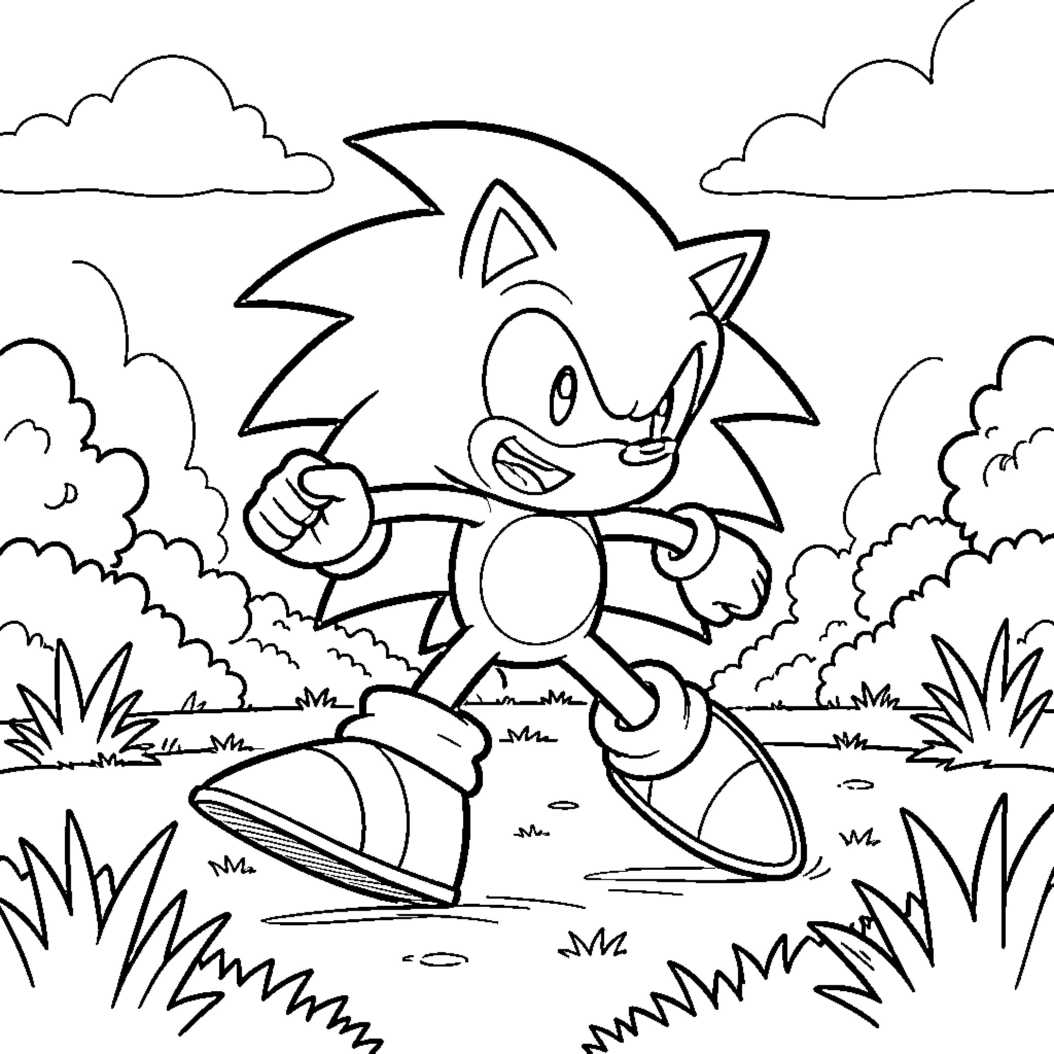 Sonic running energetically through a grassy field Coloring Page (free black-and-white line drawing printable PDF for all, from beginners to advanced learners, including children, teens, adults, and seniors)