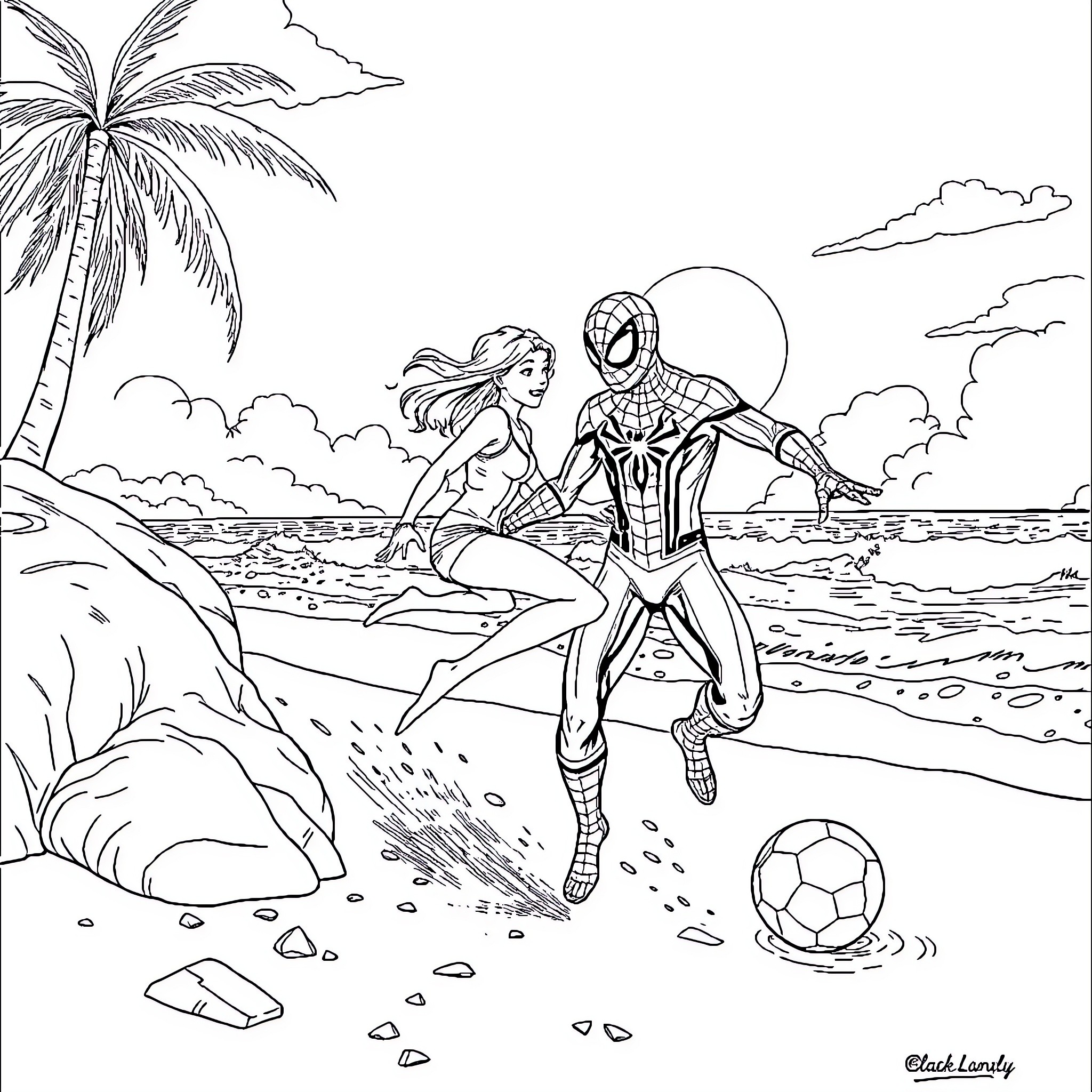 Spider-Man playing soccer with woman on the beach Coloring Page (free black-and-white line drawing printable PDF for all, from beginners to advanced learners, including children, teens, adults, and seniors)
