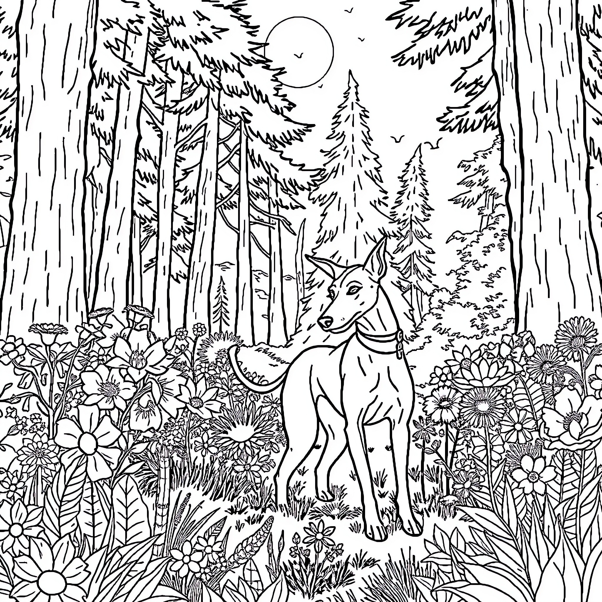 Dog standing in enchanted forest Coloring Page (free black-and-white line drawing printable PDF for all, from beginners to advanced learners, including children, teens, adults, and seniors)
