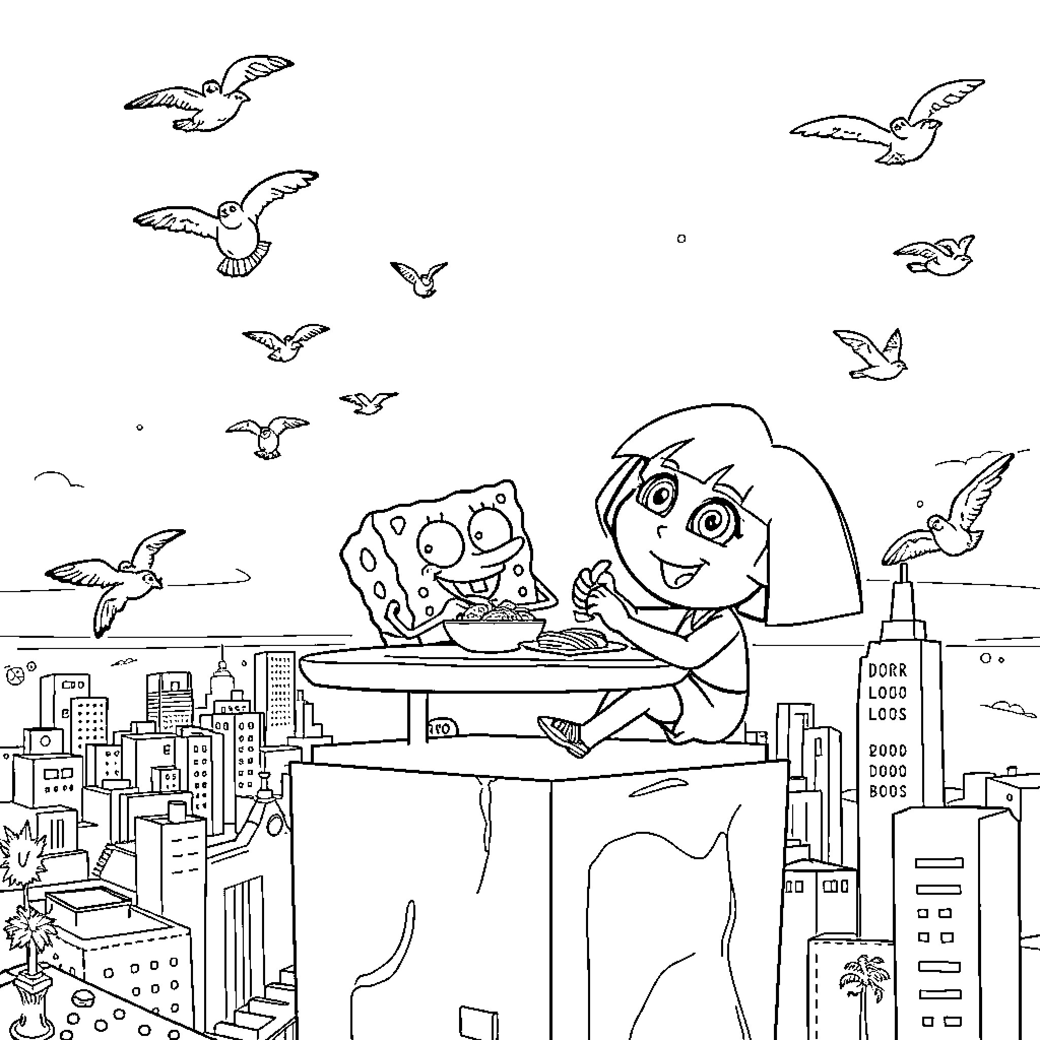 Dora exploring the city with Spongebob Coloring Page (free black-and-white line drawing printable PDF for all, from beginners to advanced learners, including children, teens, adults, and seniors)