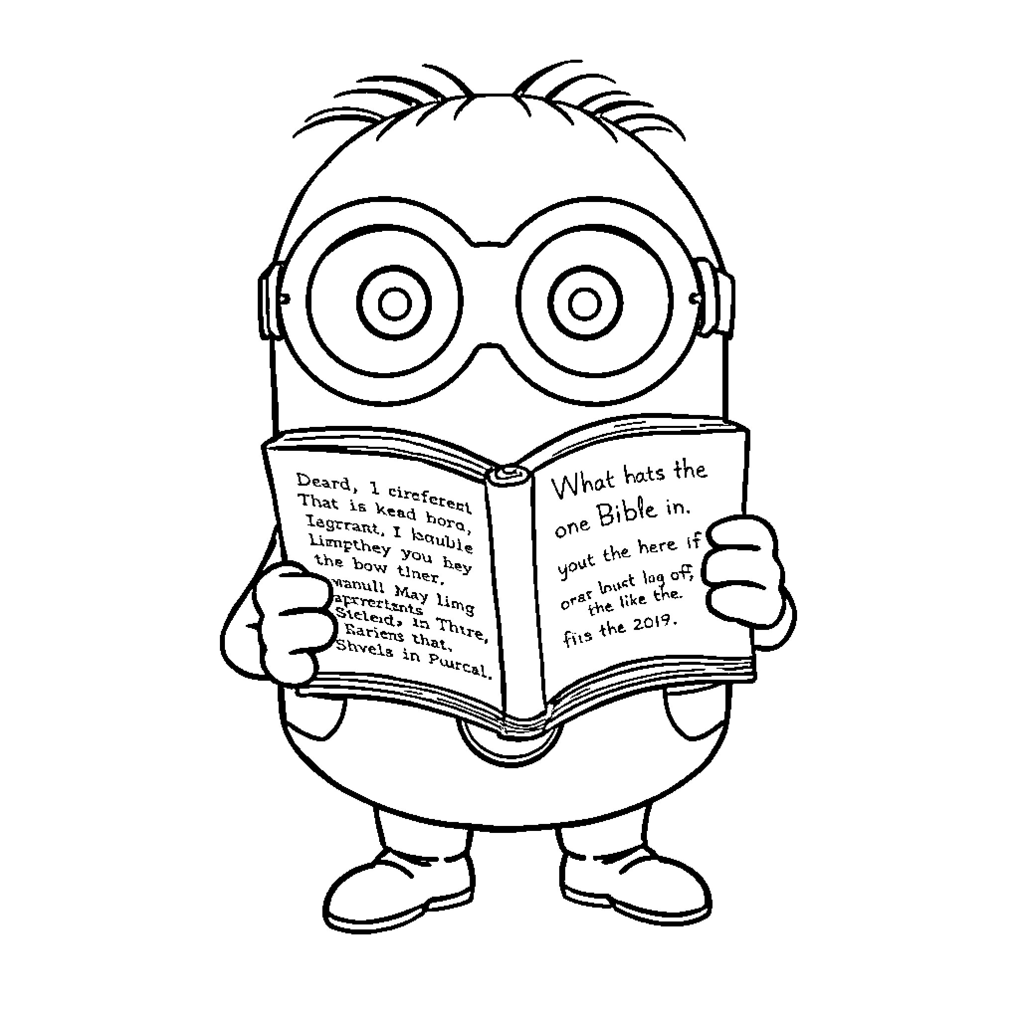 Minion reading and holding the Bible Coloring Page (free black-and-white line drawing printable PDF for all, from beginners to advanced learners, including children, teens, adults, and seniors)