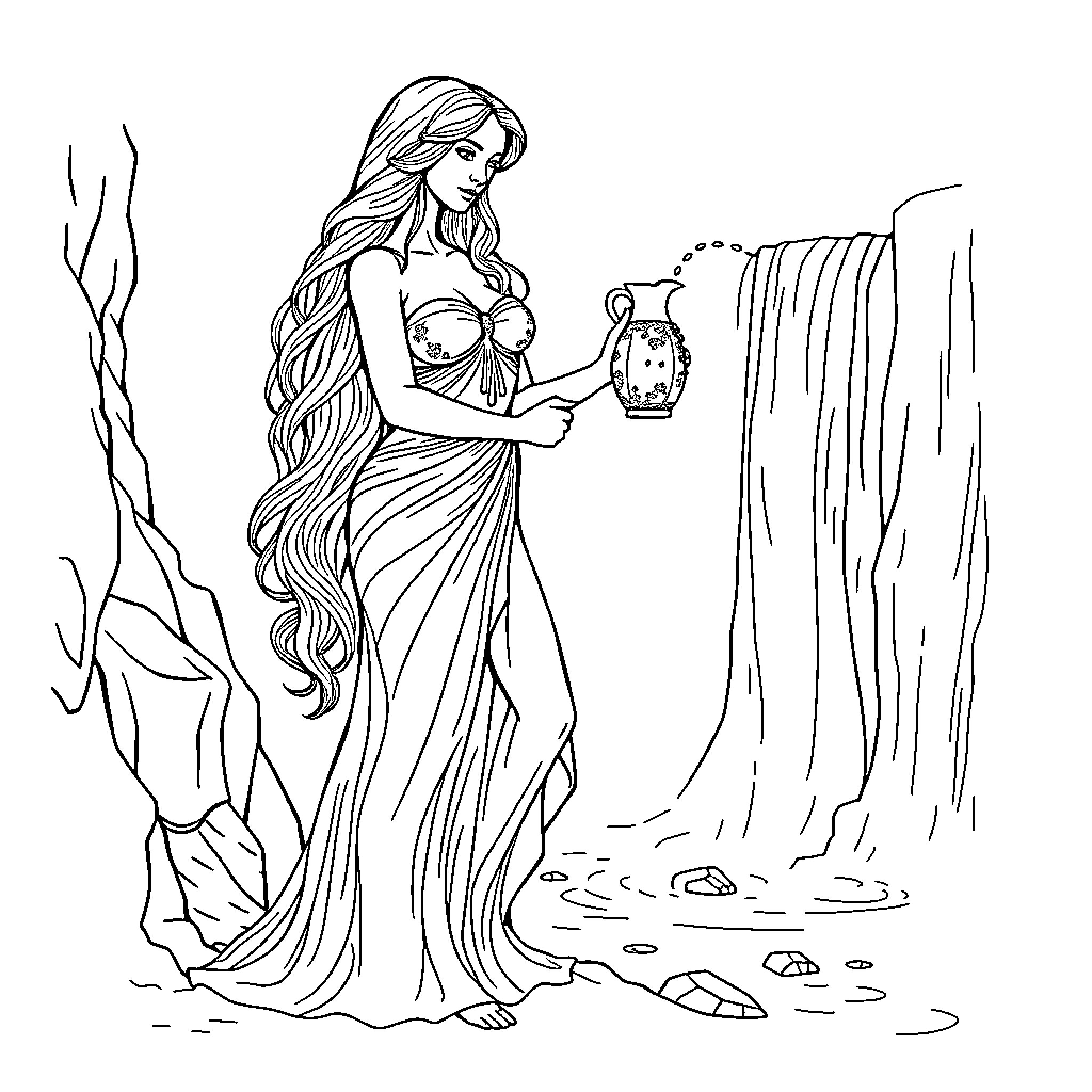 Aquarius water bearer with jar by the waterfall Coloring Page (free black-and-white line drawing printable PDF for all, from beginners to advanced learners, including children, teens, adults, and seniors)