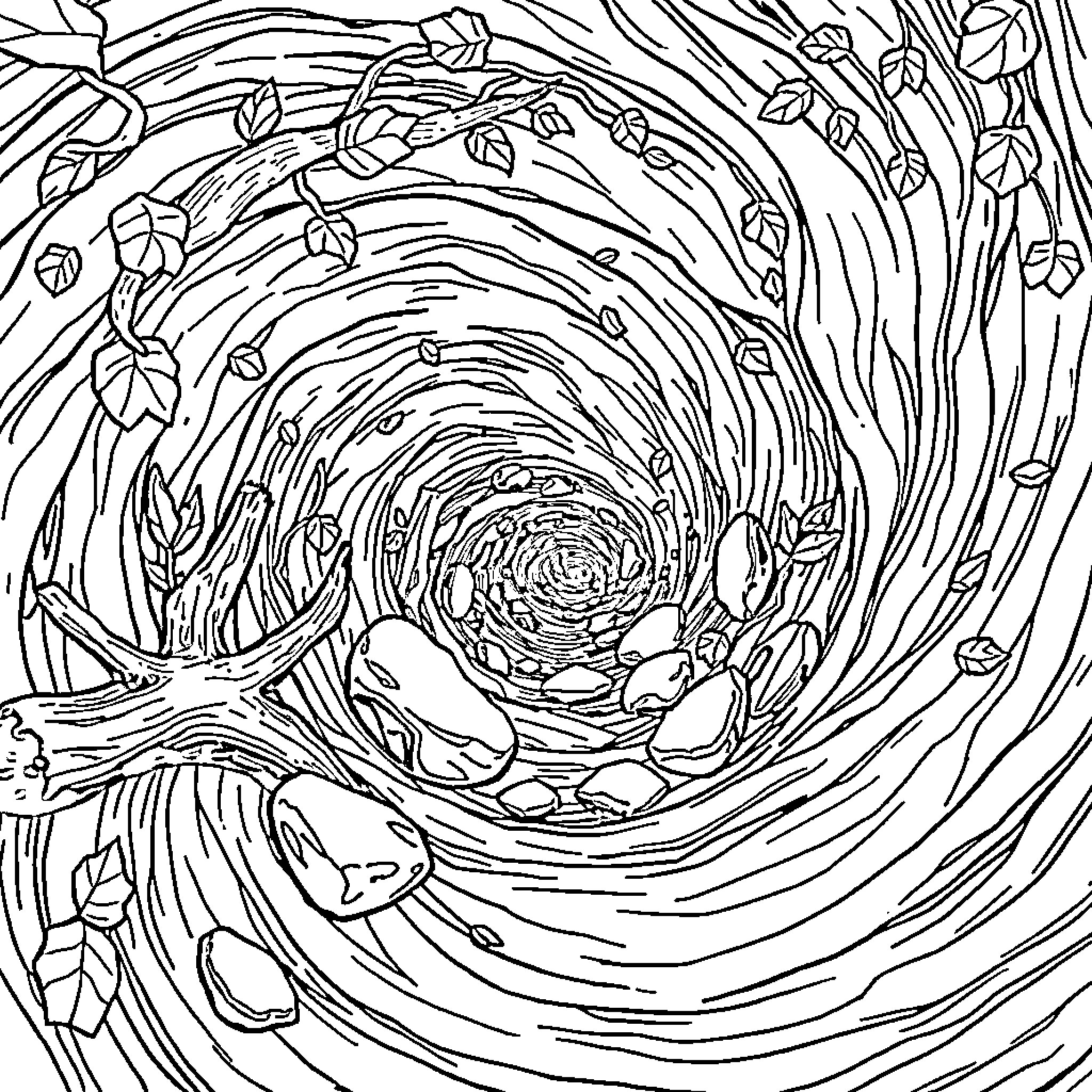 Whirlpool of Swirling Leaves and Vortex Coloring Page (free black-and-white line drawing printable PDF for all, from beginners to advanced learners, including children, teens, adults, and seniors)