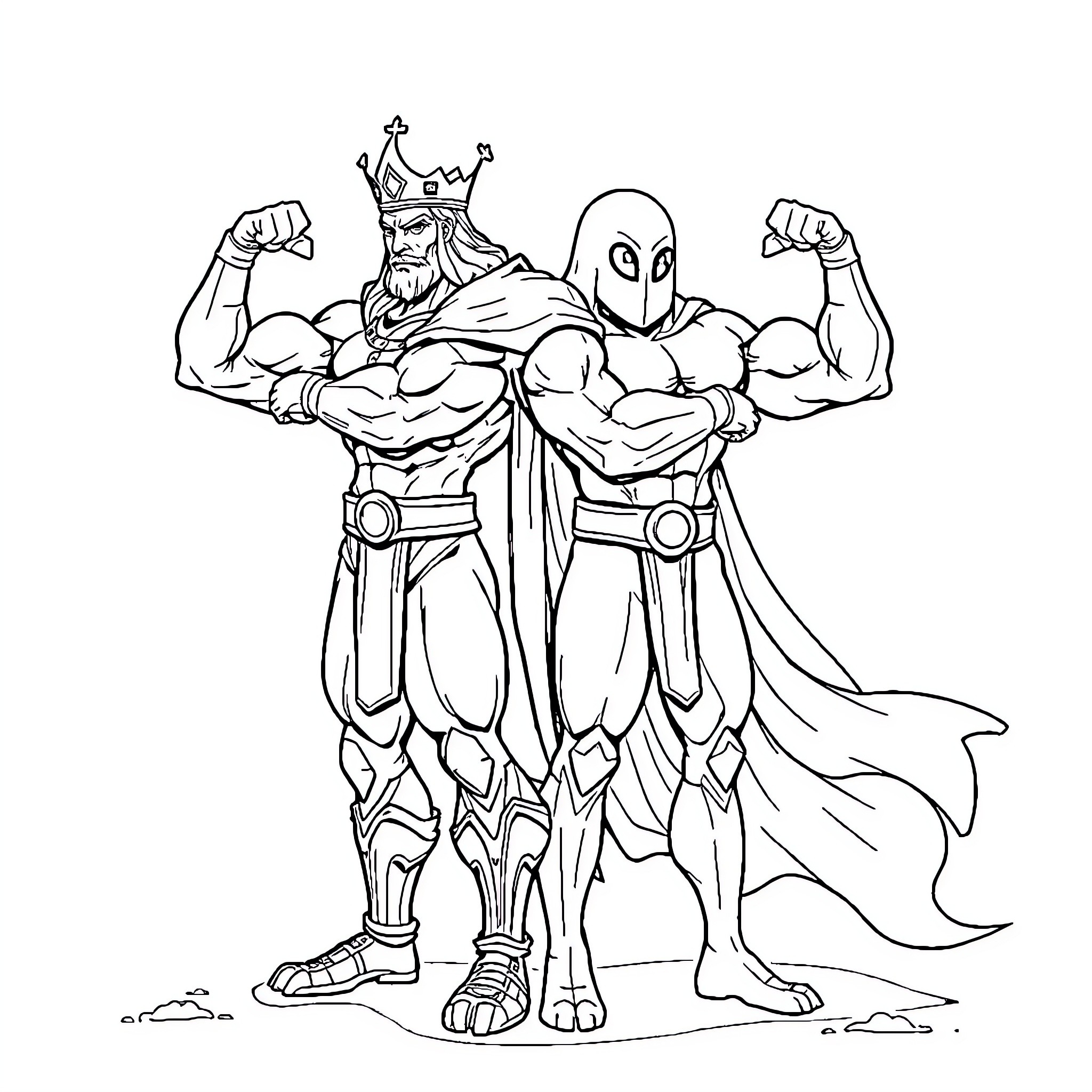 Konig's Mighty Warrior and Mysterious Ally Coloring Page (free black-and-white line drawing printable PDF for all, from beginners to advanced learners, including children, teens, adults, and seniors)