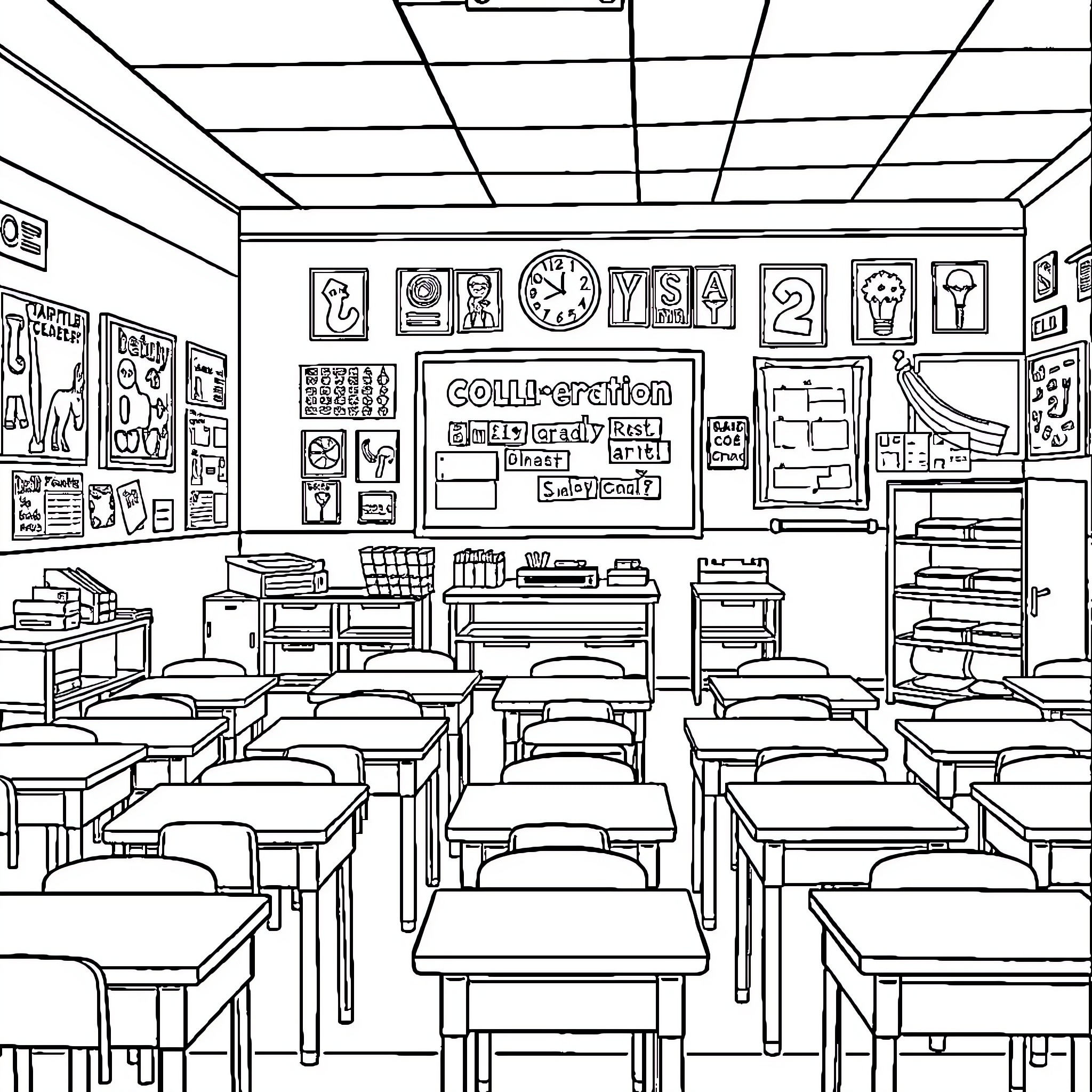 First Grade Classroom with Desks and Educational Decor Coloring Page (free black-and-white line drawing printable PDF for all, from beginners to advanced learners, including children, teens, adults, and seniors)