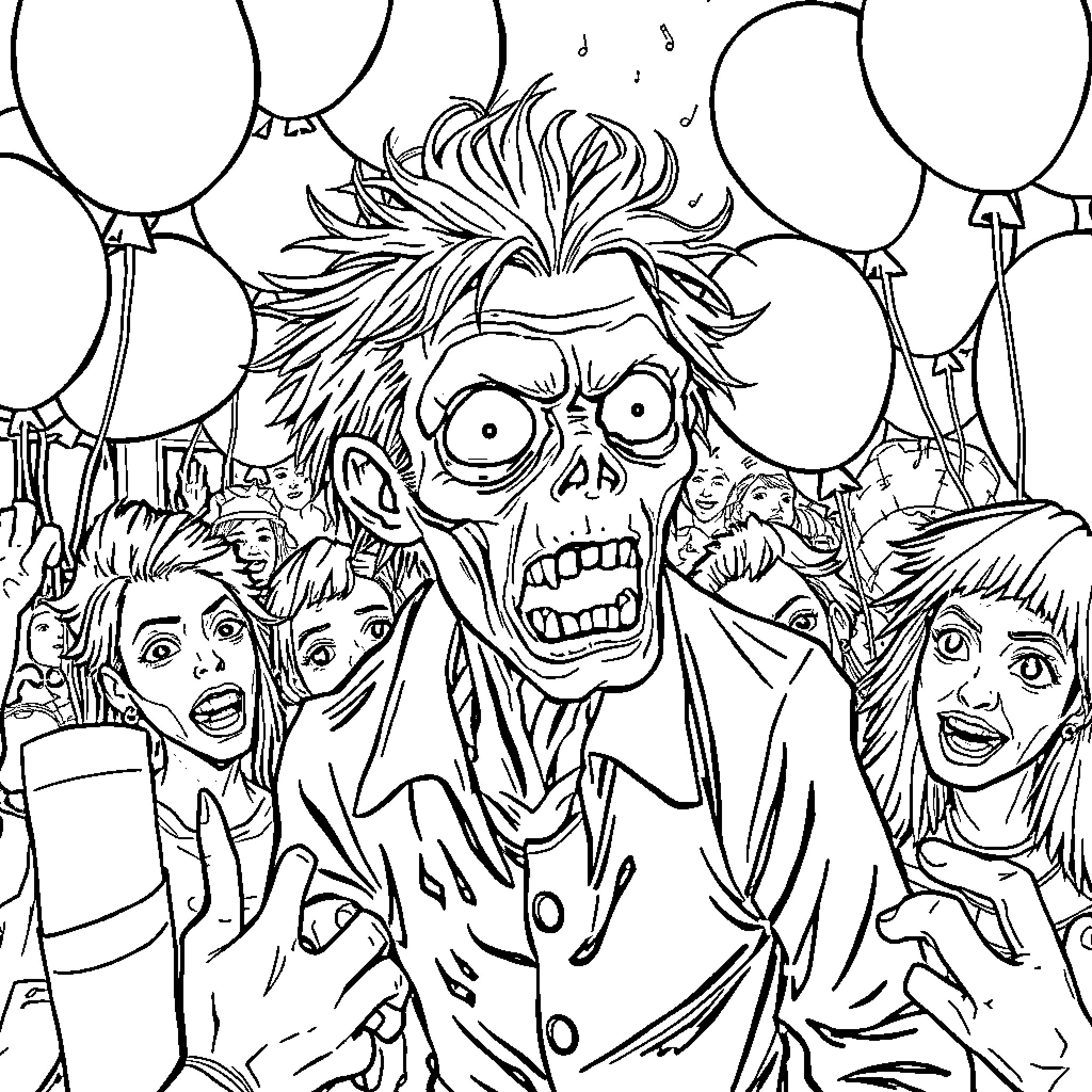 Tarman's Terrifying Trick: Zombies and Balloons Coloring Page (free black-and-white line drawing printable PDF for all, from beginners to advanced learners, including children, teens, adults, and seniors)