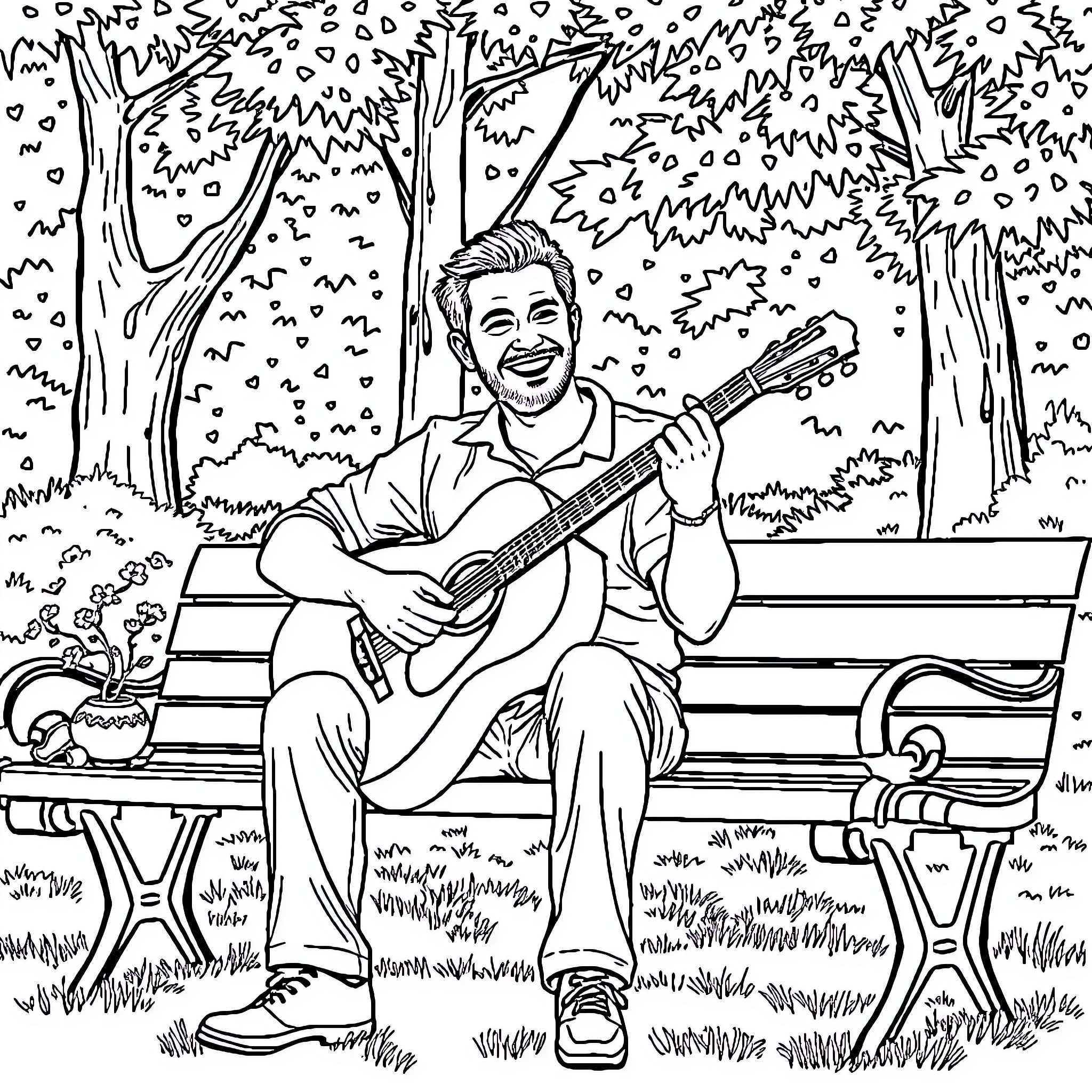 Man playing guitar happily in a park Coloring Page (free black-and-white line drawing printable PDF for all, from beginners to advanced learners, including children, teens, adults, and seniors)