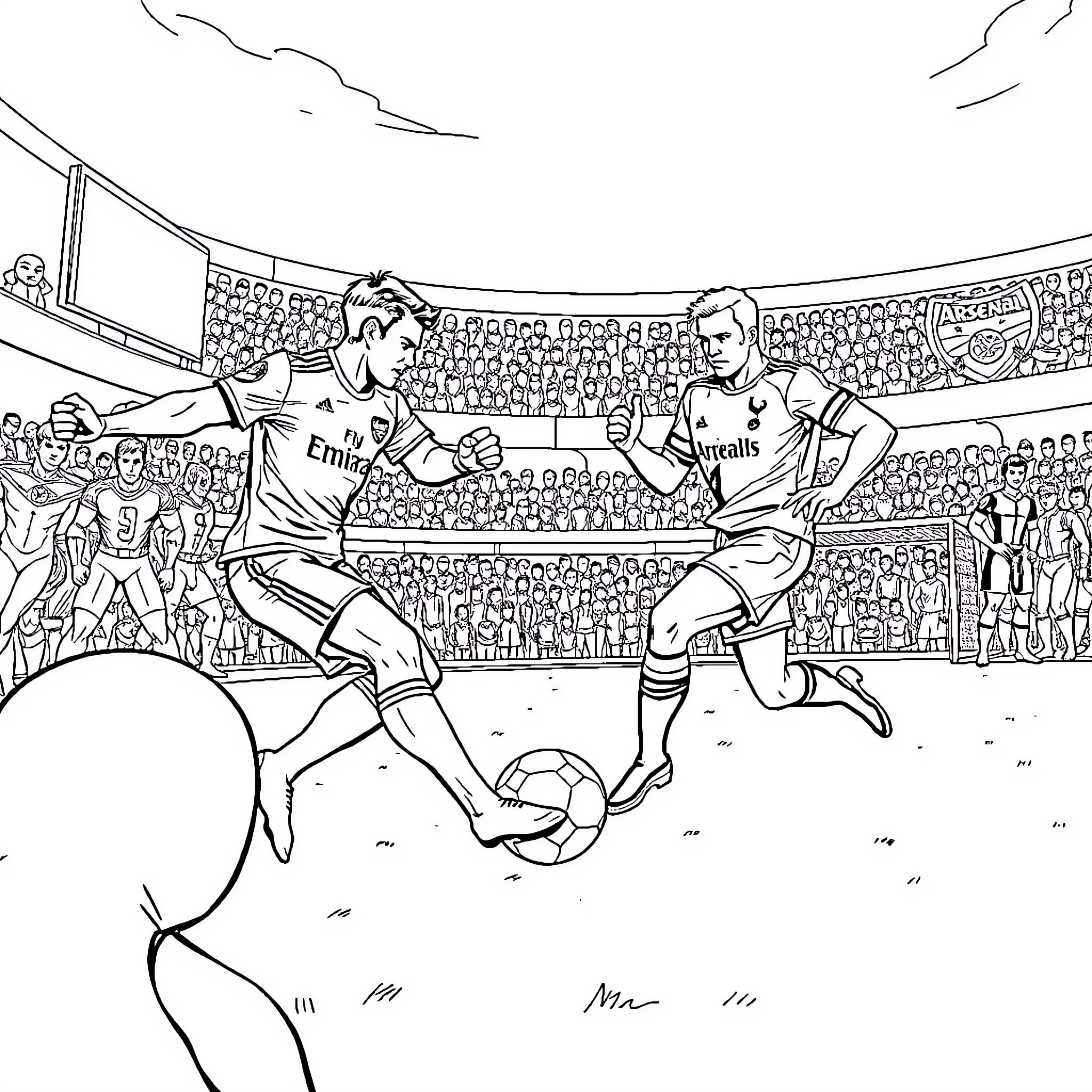 Arsenal players in fierce football match on field Coloring Page (free black-and-white line drawing printable PDF for all, from beginners to advanced learners, including children, teens, adults, and seniors)