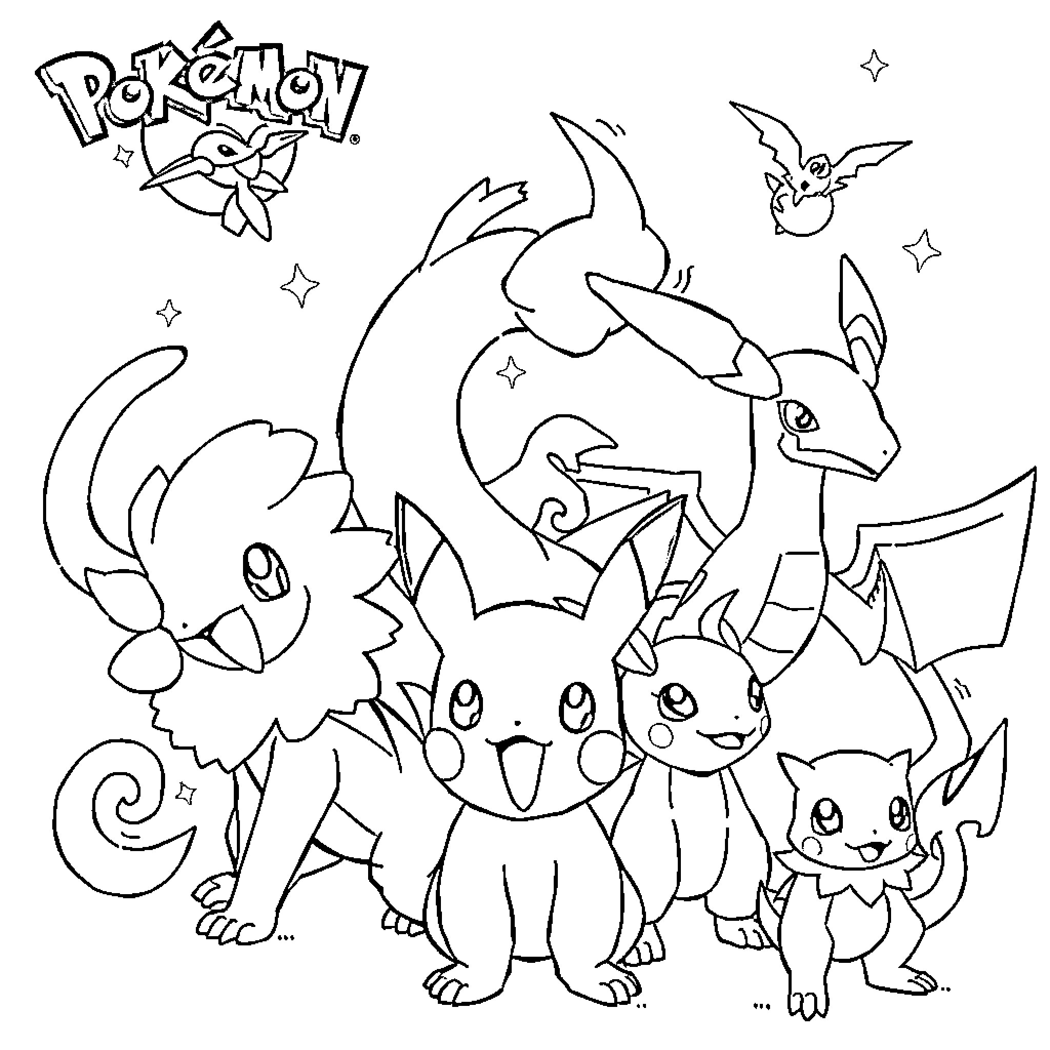 Pokémon characters in an exciting scene Coloring Page (free black-and-white line drawing printable PDF for all, from beginners to advanced learners, including children, teens, adults, and seniors)