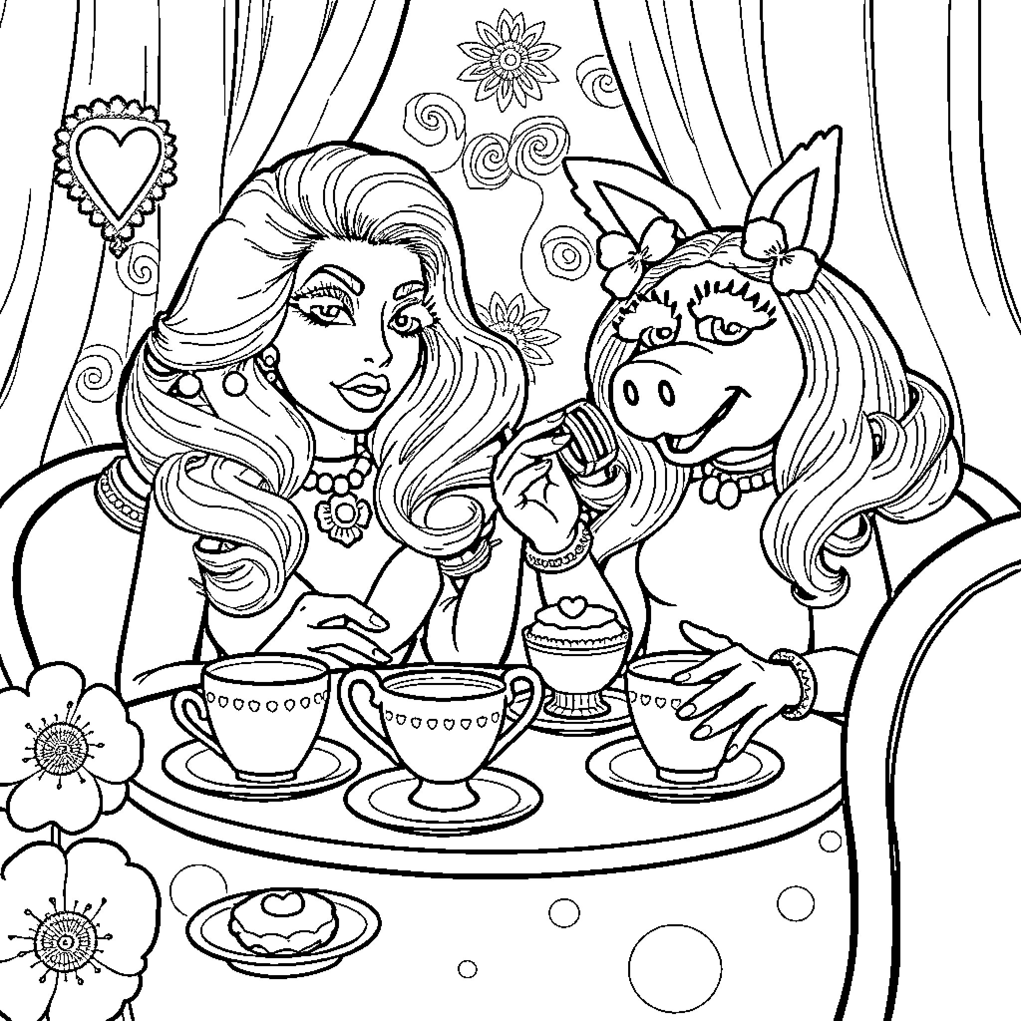 Lady Gaga's Whimsical Tea Party with a Quirky Companion Coloring Page (free black-and-white line drawing printable PDF for all, from beginners to advanced learners, including children, teens, adults, and seniors)
