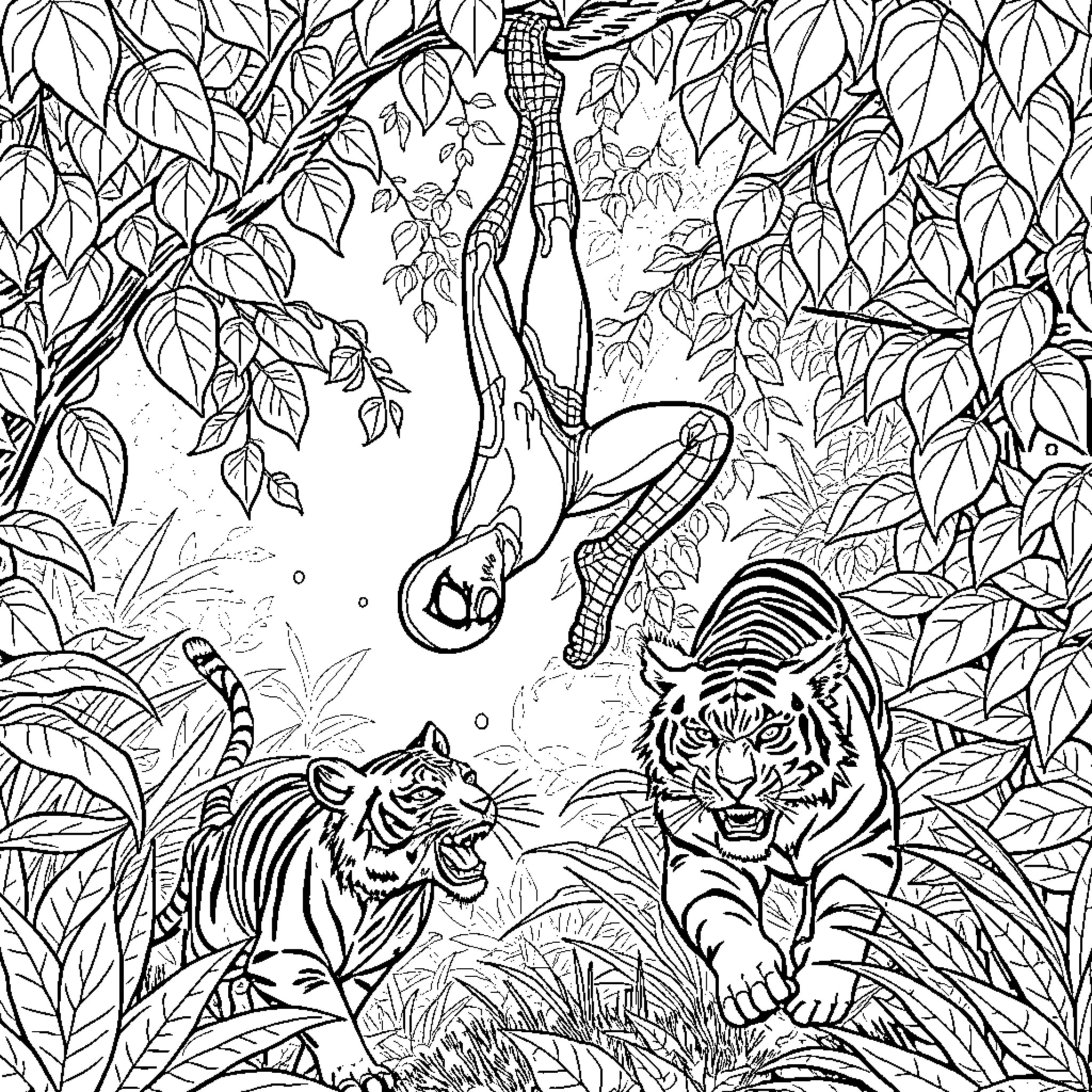 Spiderman swinging through the jungle with tigers Coloring Page (free black-and-white line drawing printable PDF for all, from beginners to advanced learners, including children, teens, adults, and seniors)