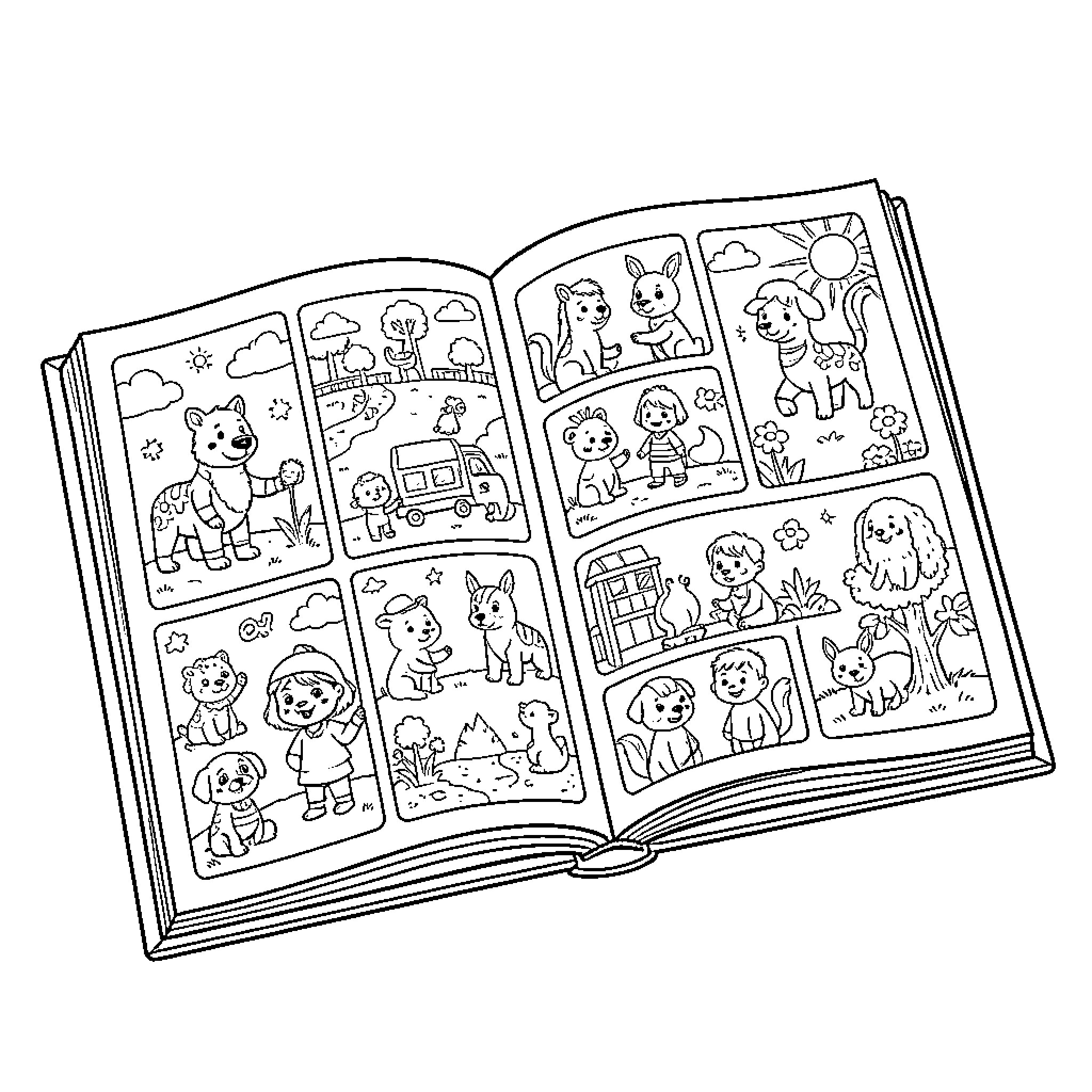 Book of Cartoon Animals and Characters Coloring Page (free black-and-white line drawing printable PDF for all, from beginners to advanced learners, including children, teens, adults, and seniors)