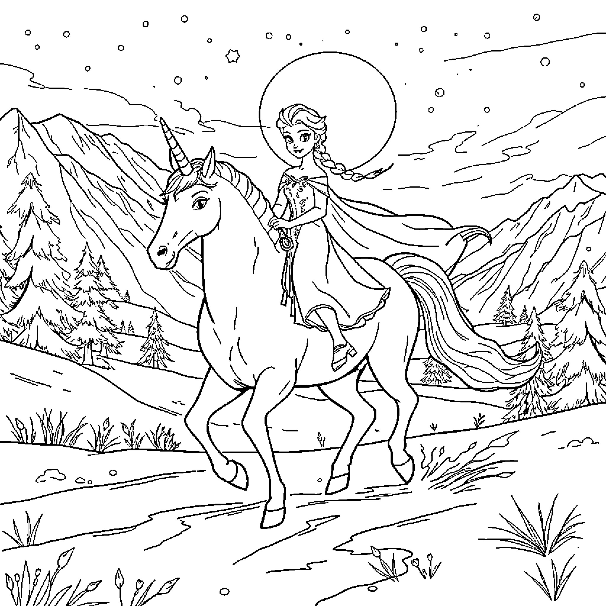 Elsa's Enchanted Winter Ride on a Magical Unicorn Coloring Page (free black-and-white line drawing printable PDF for all, from beginners to advanced learners, including children, teens, adults, and seniors)