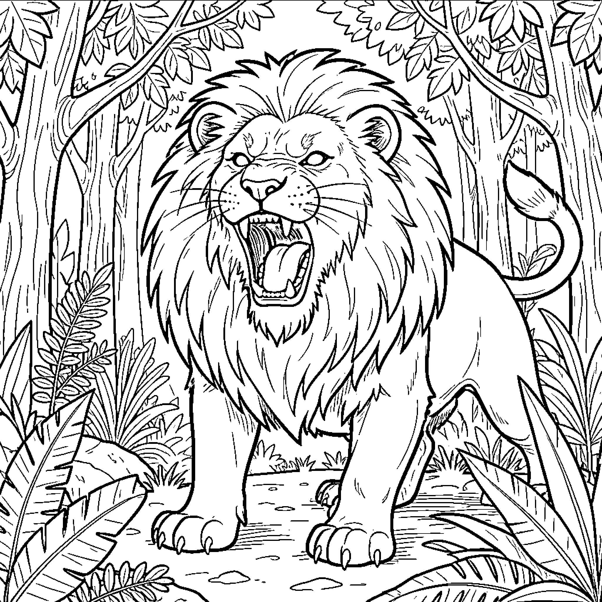 Lion roaring fiercely in the jungle Coloring Page (free black-and-white line drawing printable PDF for all, from beginners to advanced learners, including children, teens, adults, and seniors)