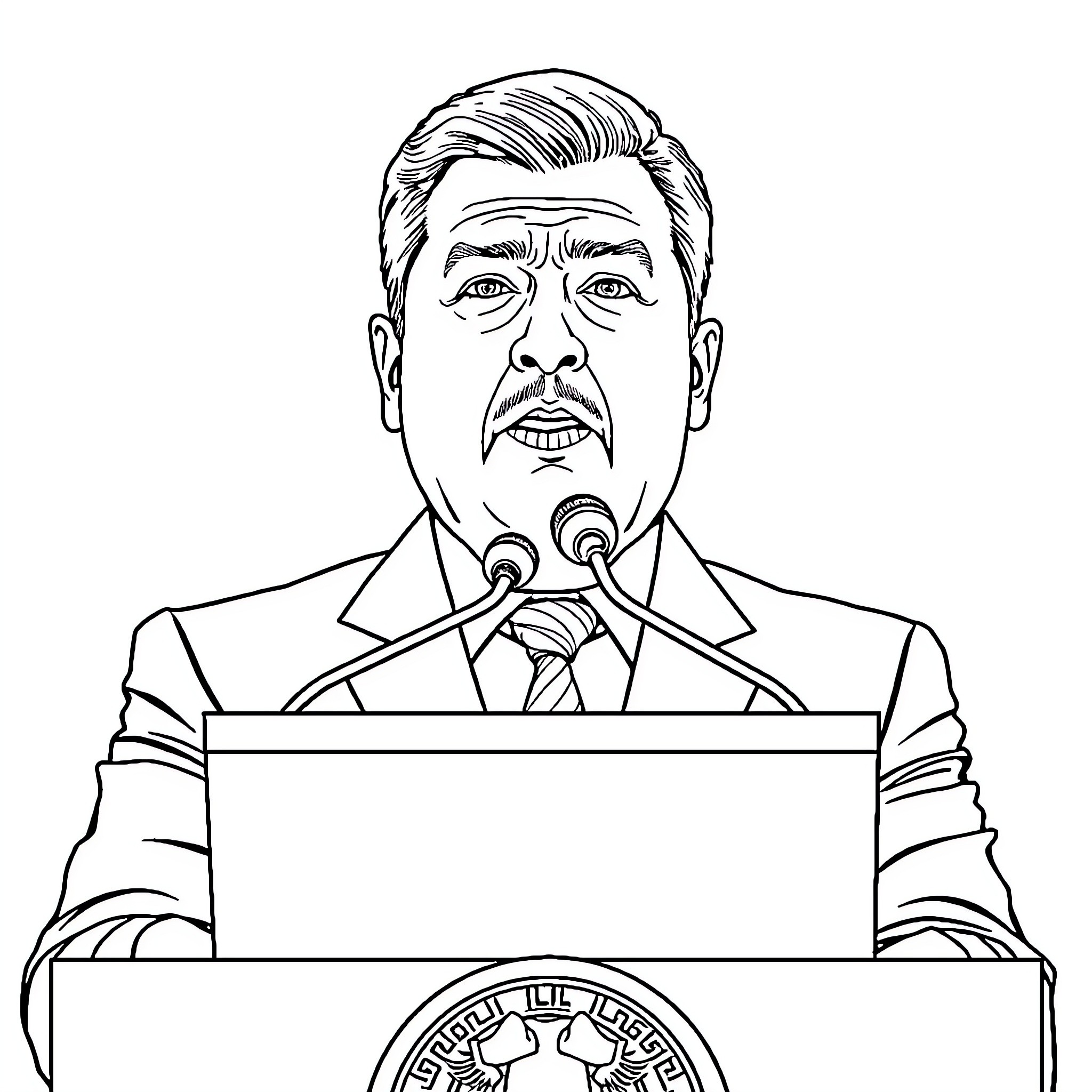Orbán Viktor delivering a speech at the podium Coloring Page (free black-and-white line drawing printable PDF for all, from beginners to advanced learners, including children, teens, adults, and seniors)