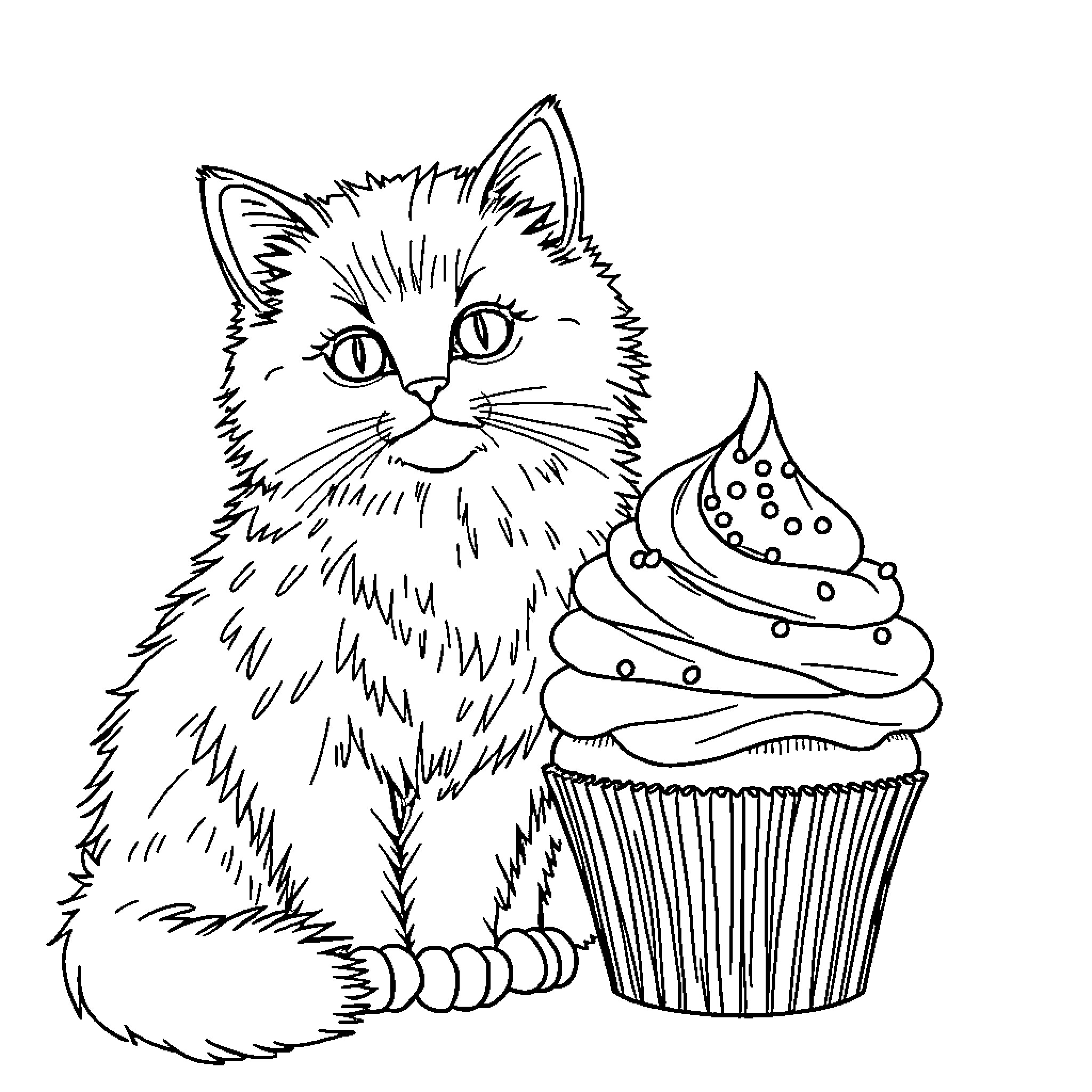 Cat admiring decorative cupcake Coloring Page (free black-and-white line drawing printable PDF for all, from beginners to advanced learners, including children, teens, adults, and seniors)