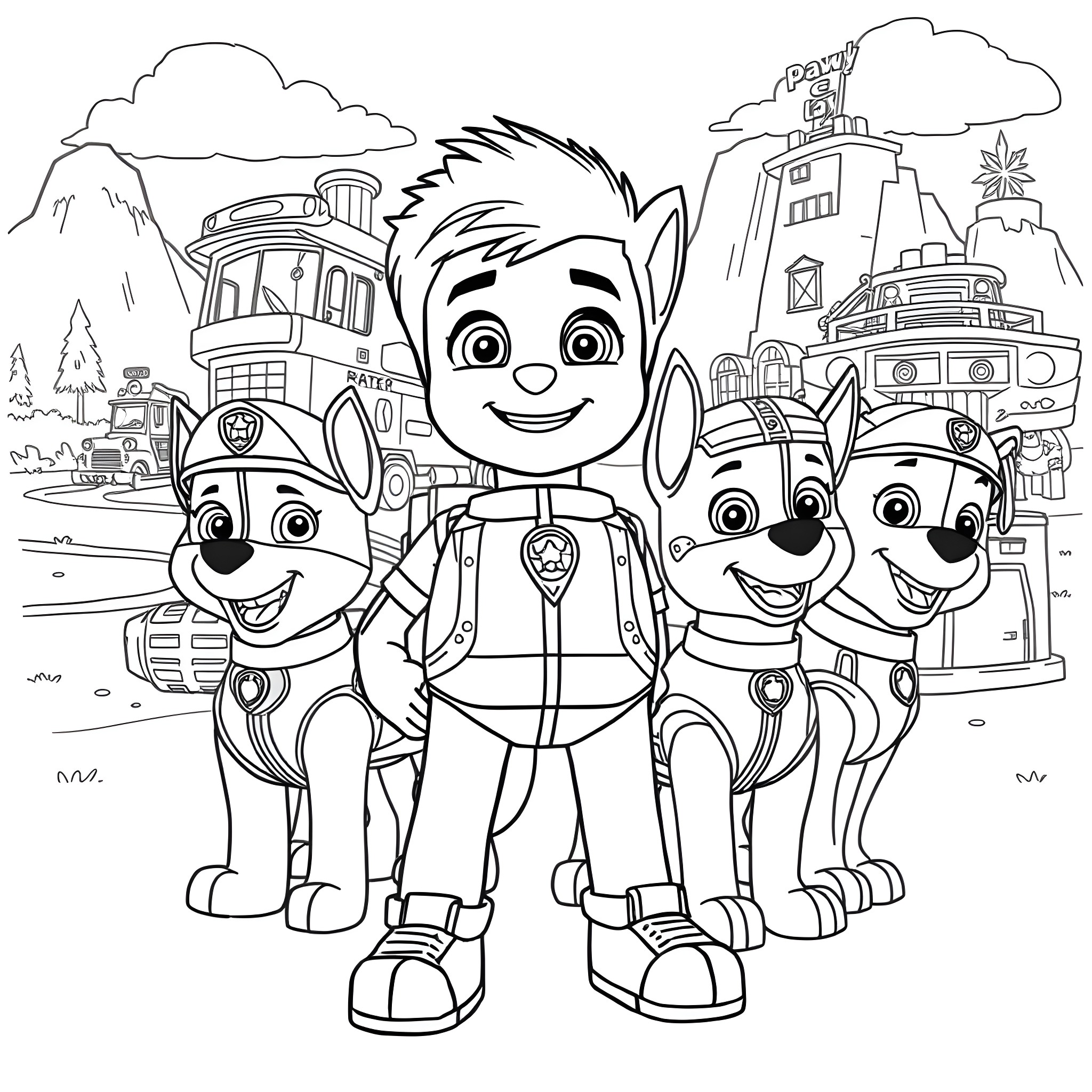 Rider and Pups on Patrol in the City Coloring Page (free black-and-white line drawing printable PDF for all, from beginners to advanced learners, including children, teens, adults, and seniors)