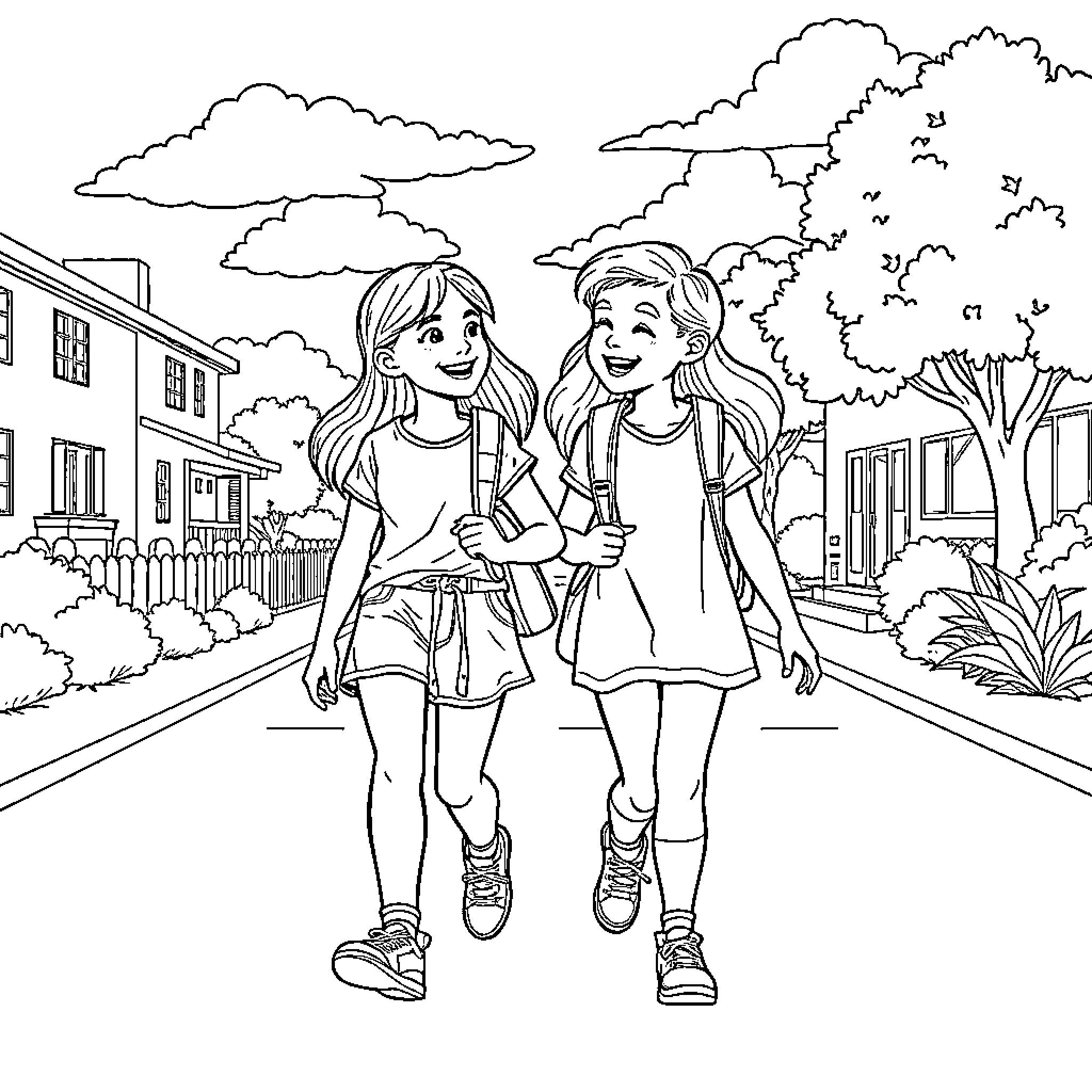 Friends Exploring the Neighborhood Together Coloring Page (free black-and-white line drawing printable PDF for all, from beginners to advanced learners, including children, teens, adults, and seniors)