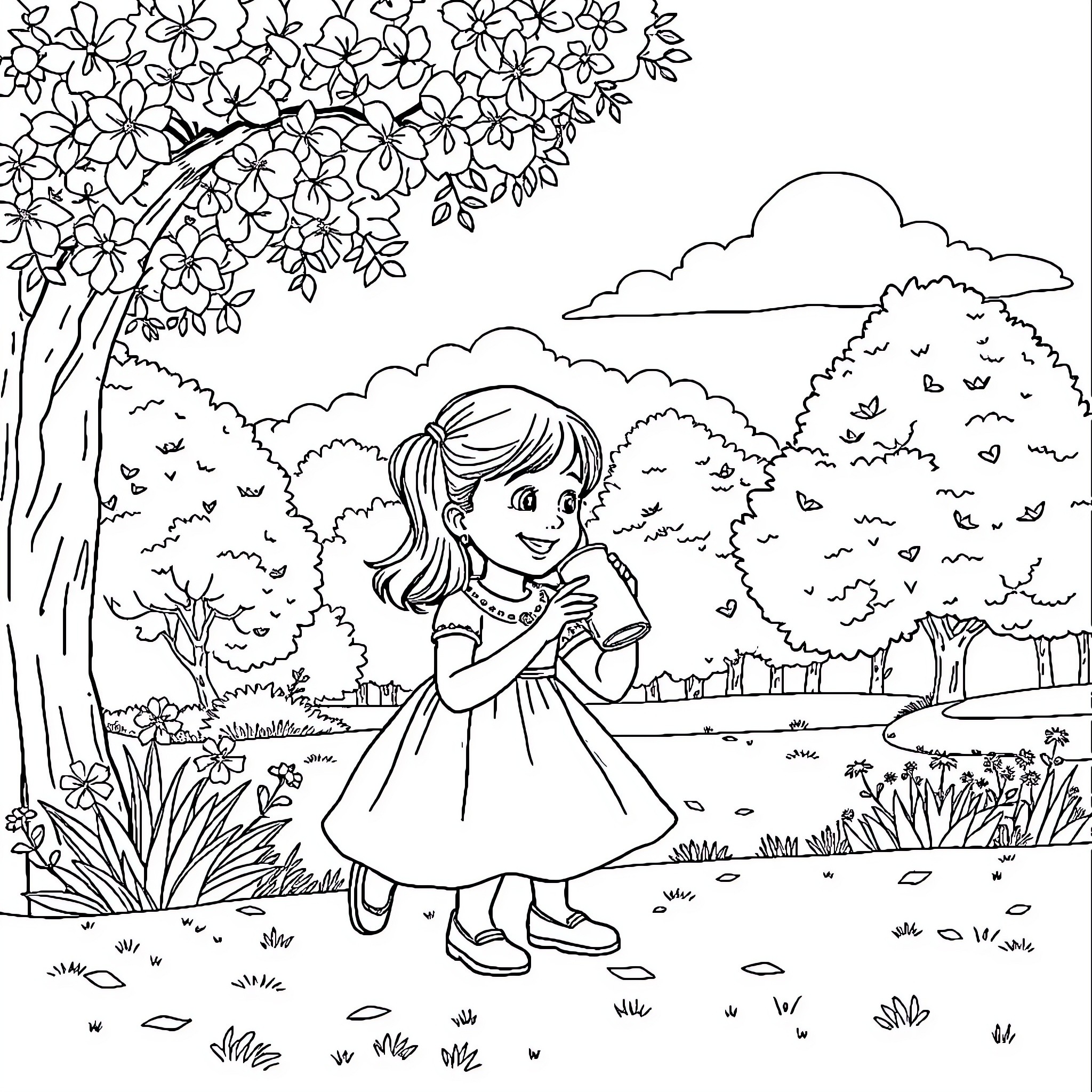 Can a girl explore the blooming garden Coloring Page (free black-and-white line drawing printable PDF for all, from beginners to advanced learners, including children, teens, adults, and seniors)