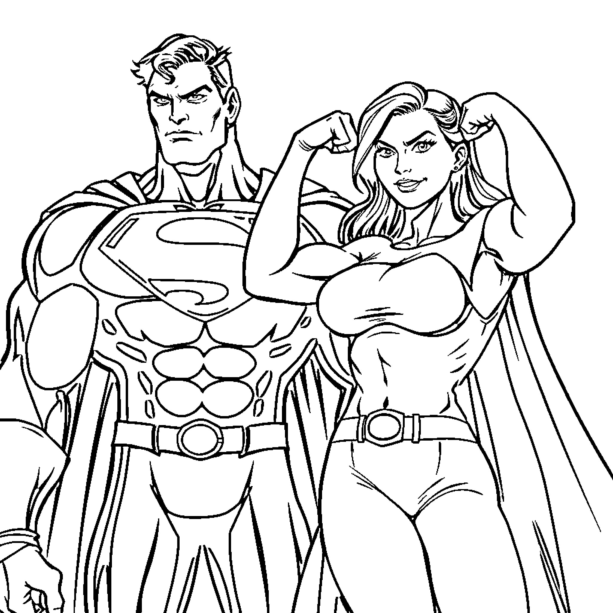 Woman and man in superhero costumes Coloring Page (free black-and-white line drawing printable PDF for all, from beginners to advanced learners, including children, teens, adults, and seniors)