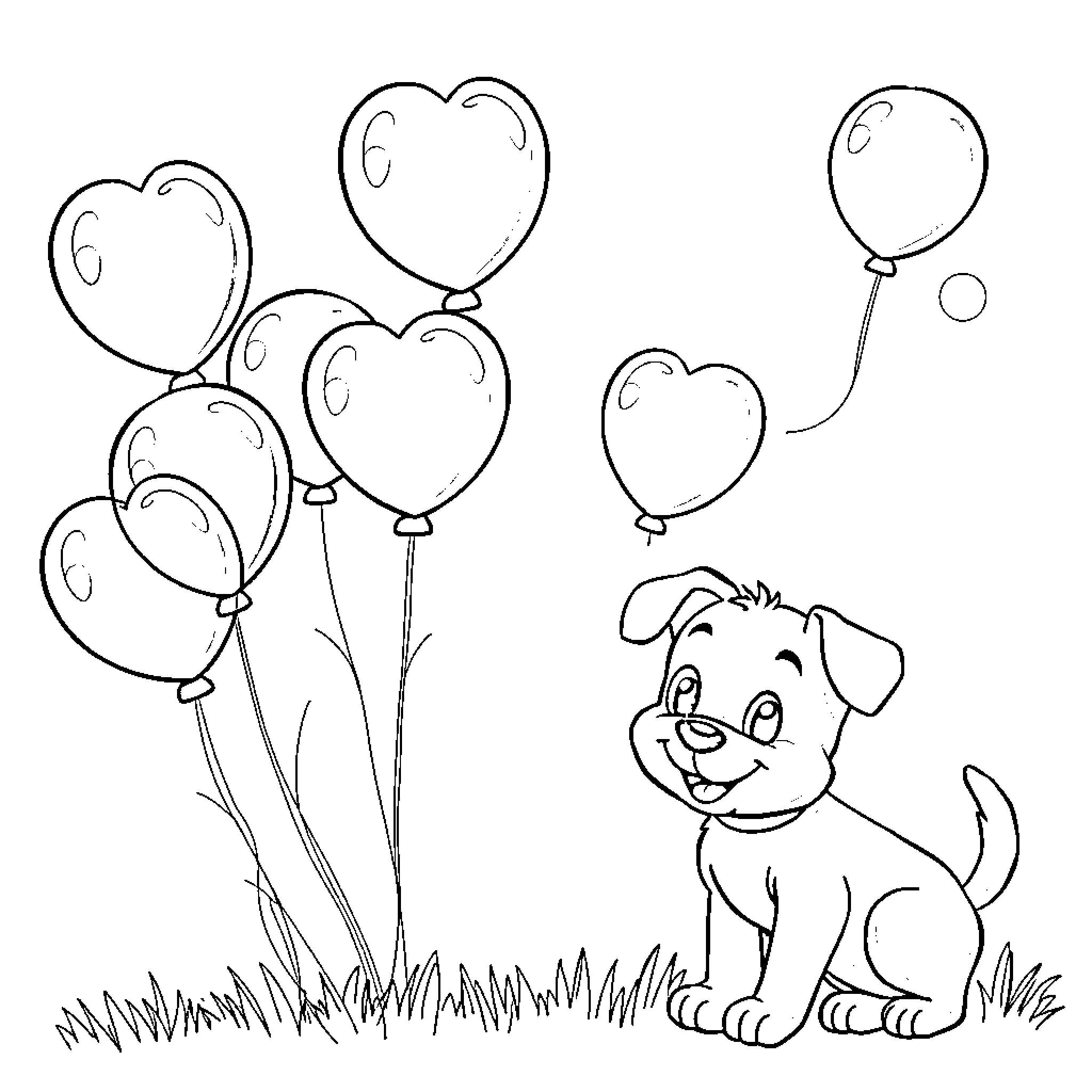 Balloon-shaped hearts with a playful puppy Coloring Page (free black-and-white line drawing printable PDF for all, from beginners to advanced learners, including children, teens, adults, and seniors)