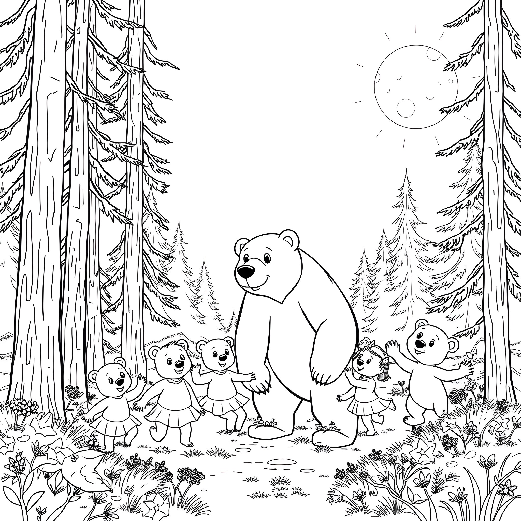 Bear family's forest outing Coloring Page (free black-and-white line drawing printable PDF for all, from beginners to advanced learners, including children, teens, adults, and seniors)