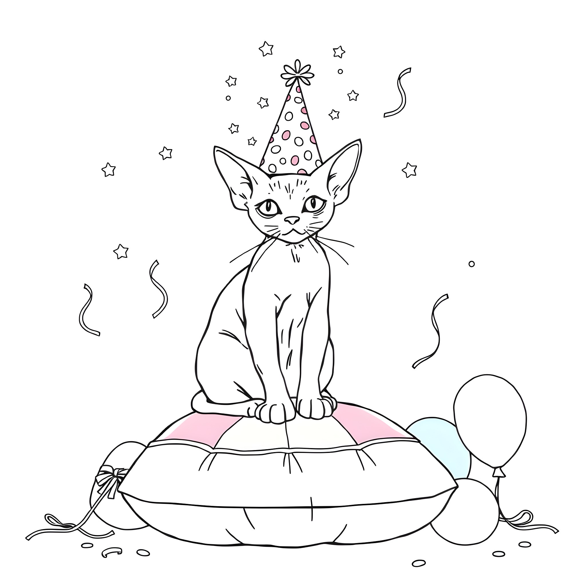 Cat wearing party hat sitting on cushion Coloring Page (free black-and-white line drawing printable PDF for all, from beginners to advanced learners, including children, teens, adults, and seniors)