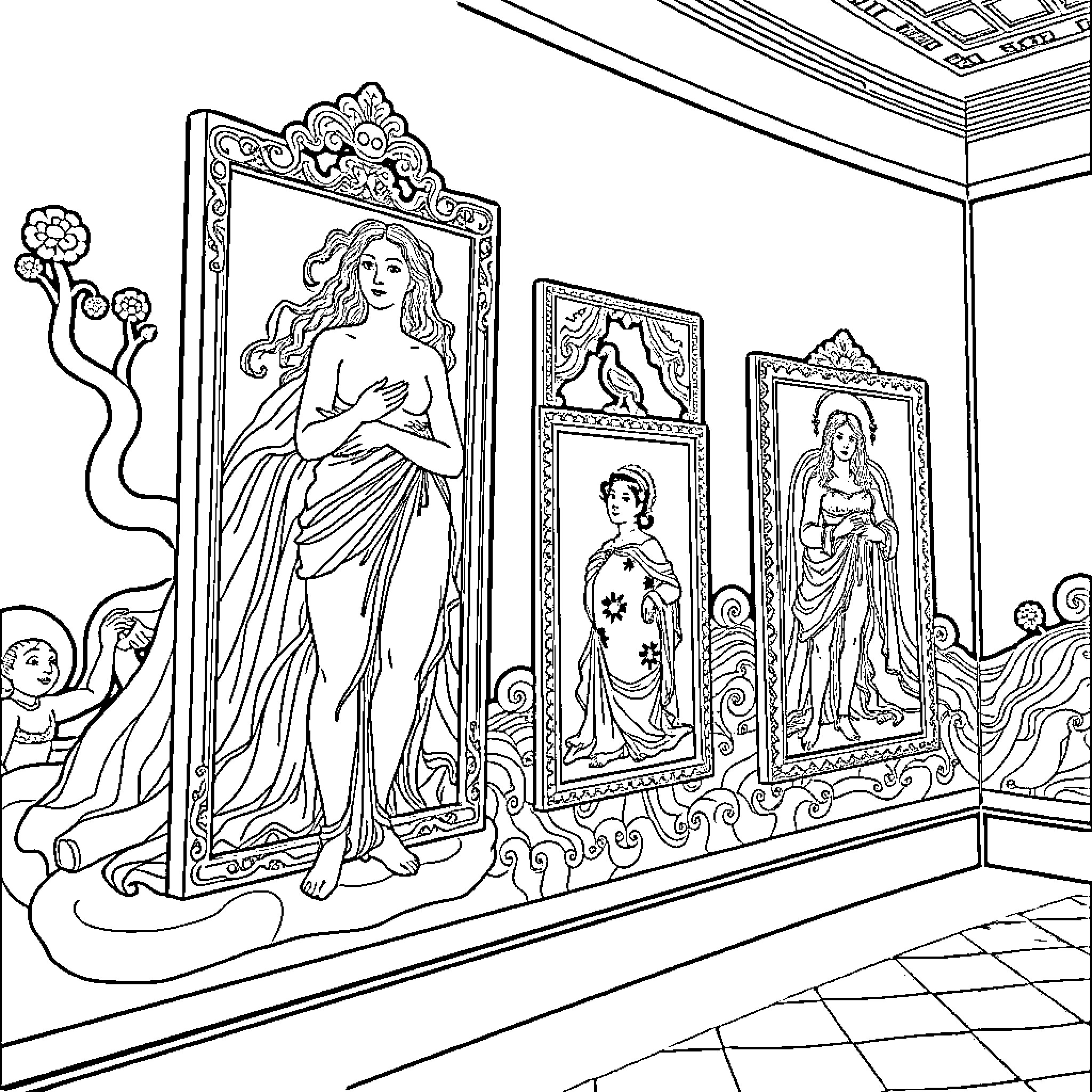 Cuadro depicting ornate figures and artwork in a grand hall Coloring Page (free black-and-white line drawing printable PDF for all, from beginners to advanced learners, including children, teens, adults, and seniors)