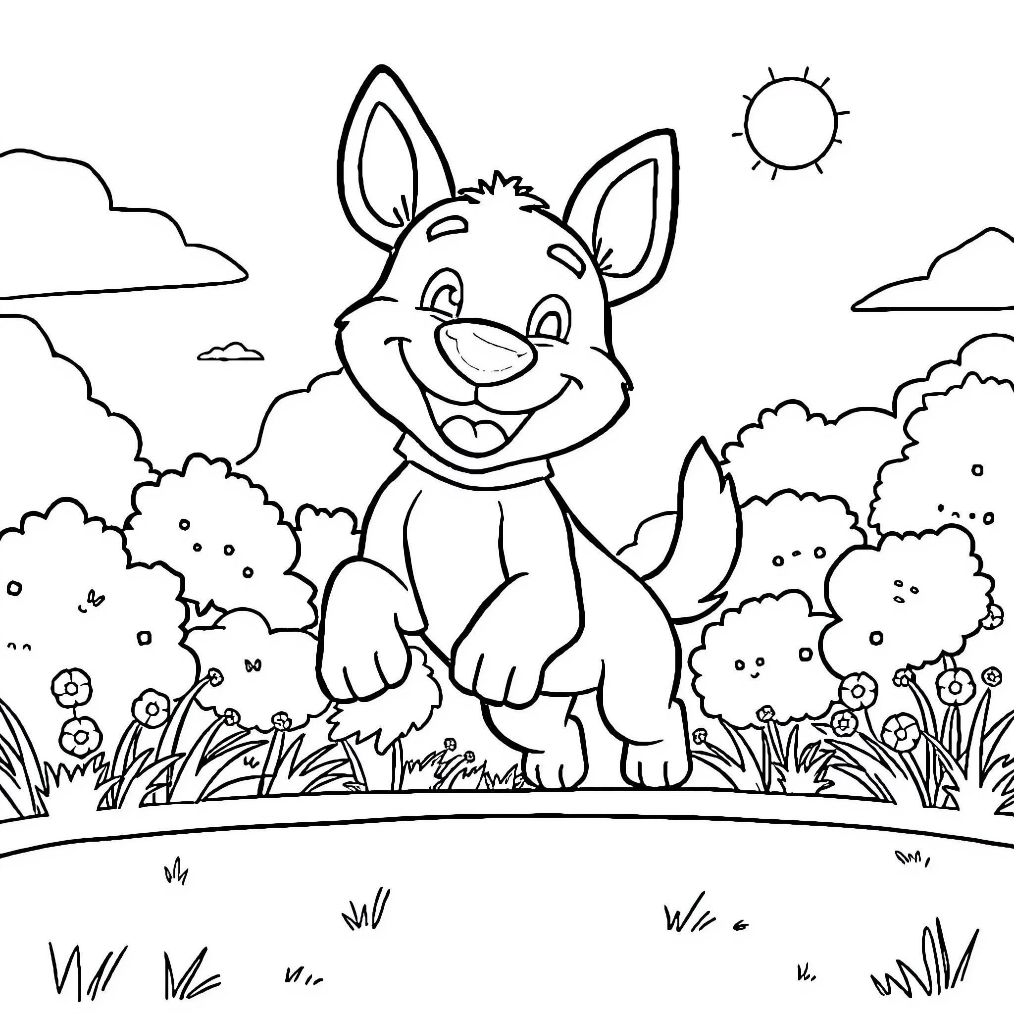 Bluey exploring the cheerful outdoor scene Coloring Page (free black-and-white line drawing printable PDF for all, from beginners to advanced learners, including children, teens, adults, and seniors)