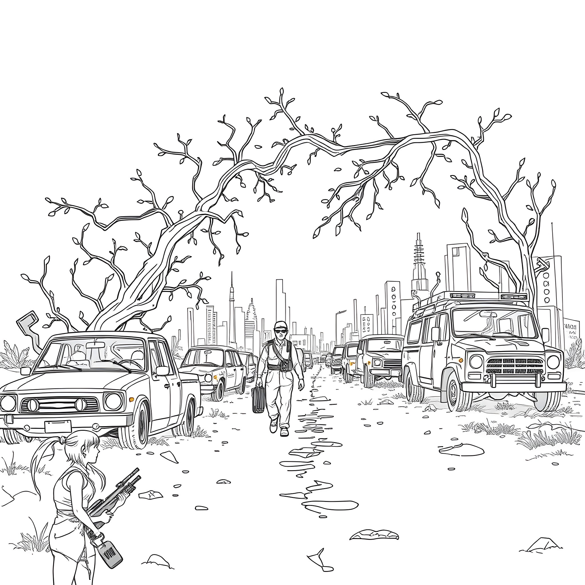 Last Of Us - Survivors Navigating the Ruined City Coloring Page (free black-and-white line drawing printable PDF for all, from beginners to advanced learners, including children, teens, adults, and seniors)