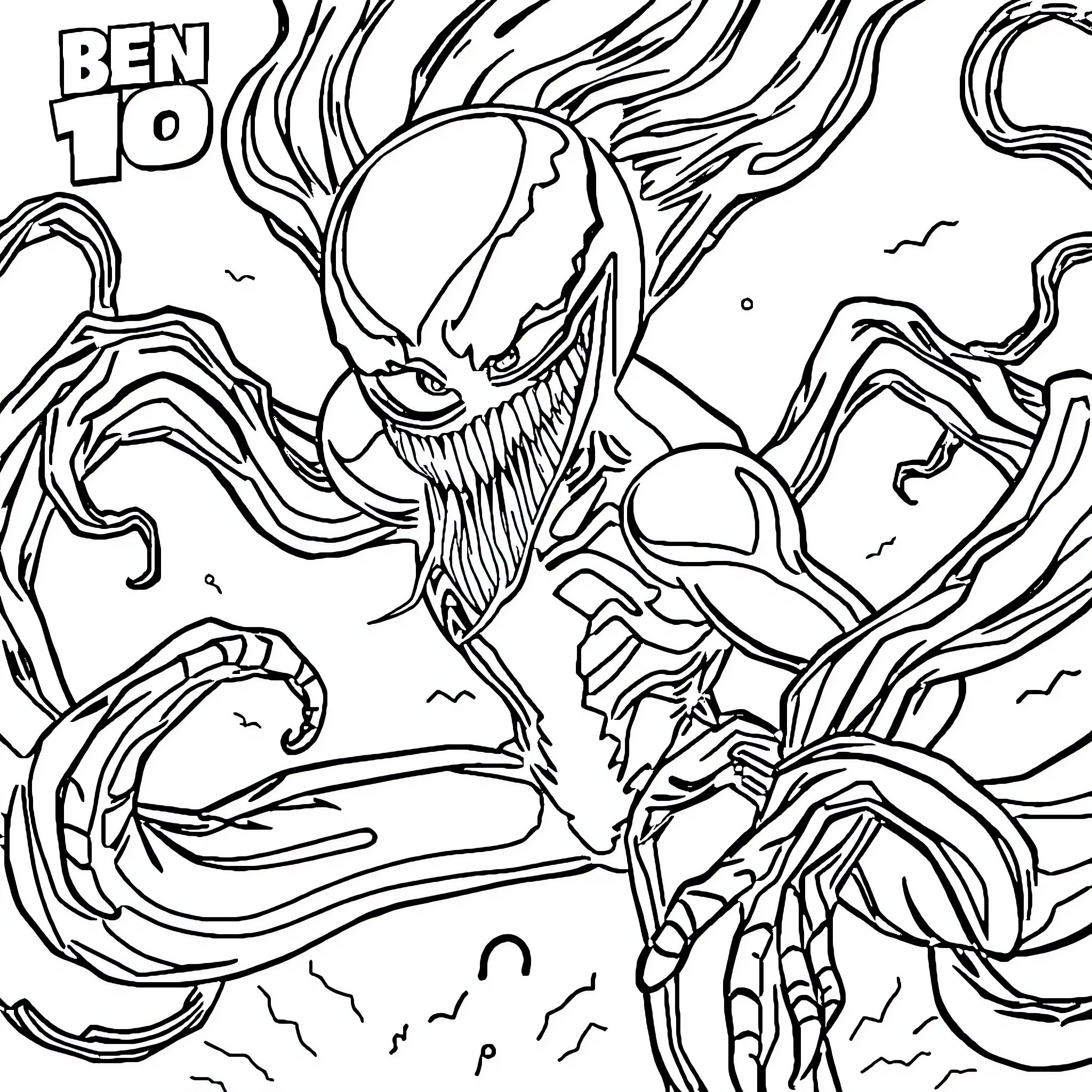 Ben 10 alien hero battling a fierce enemy Coloring Page (free black-and-white line drawing printable PDF for all, from beginners to advanced learners, including children, teens, adults, and seniors)