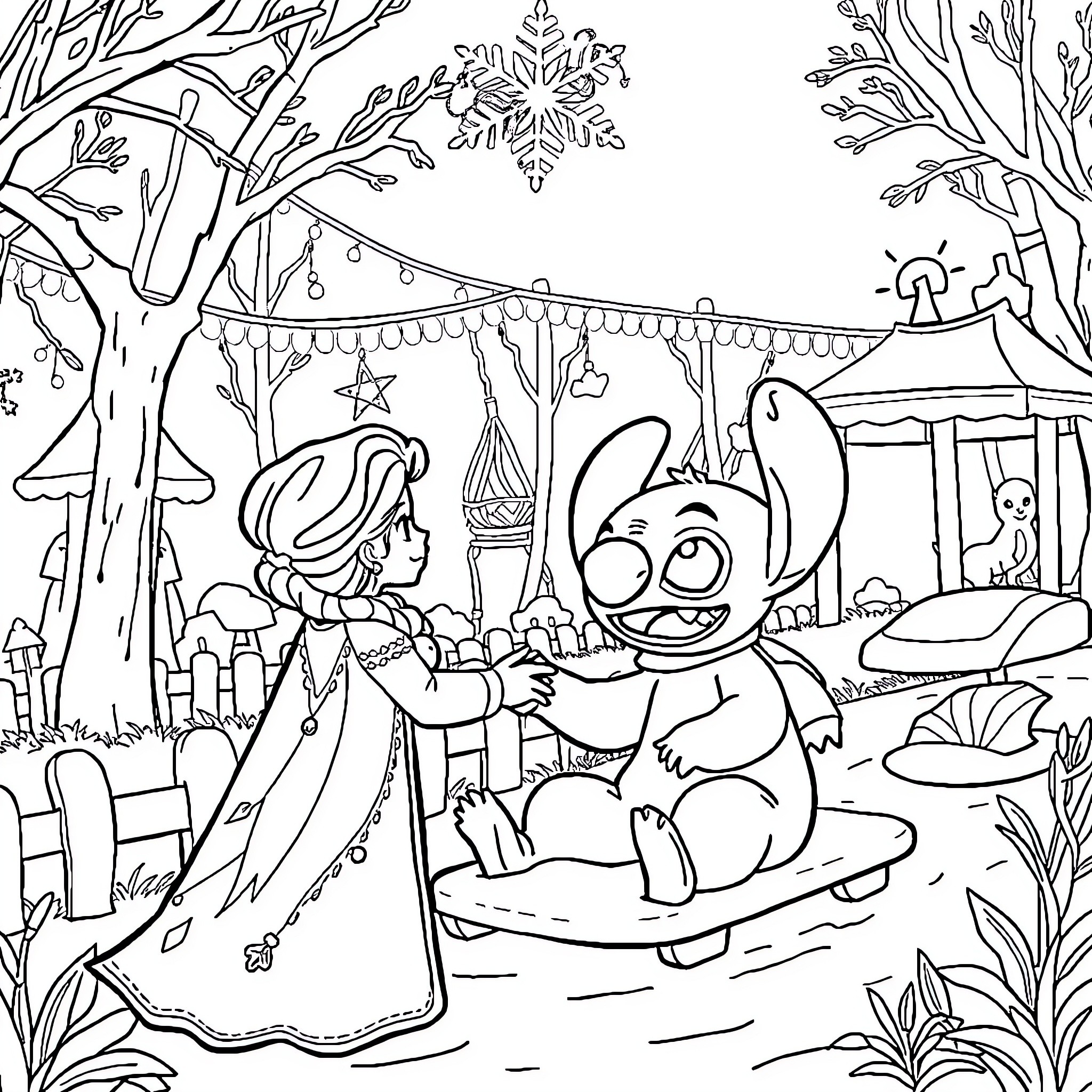 Reine and Stitch playing in a magical winter wonderland Coloring Page (free black-and-white line drawing printable PDF for all, from beginners to advanced learners, including children, teens, adults, and seniors)