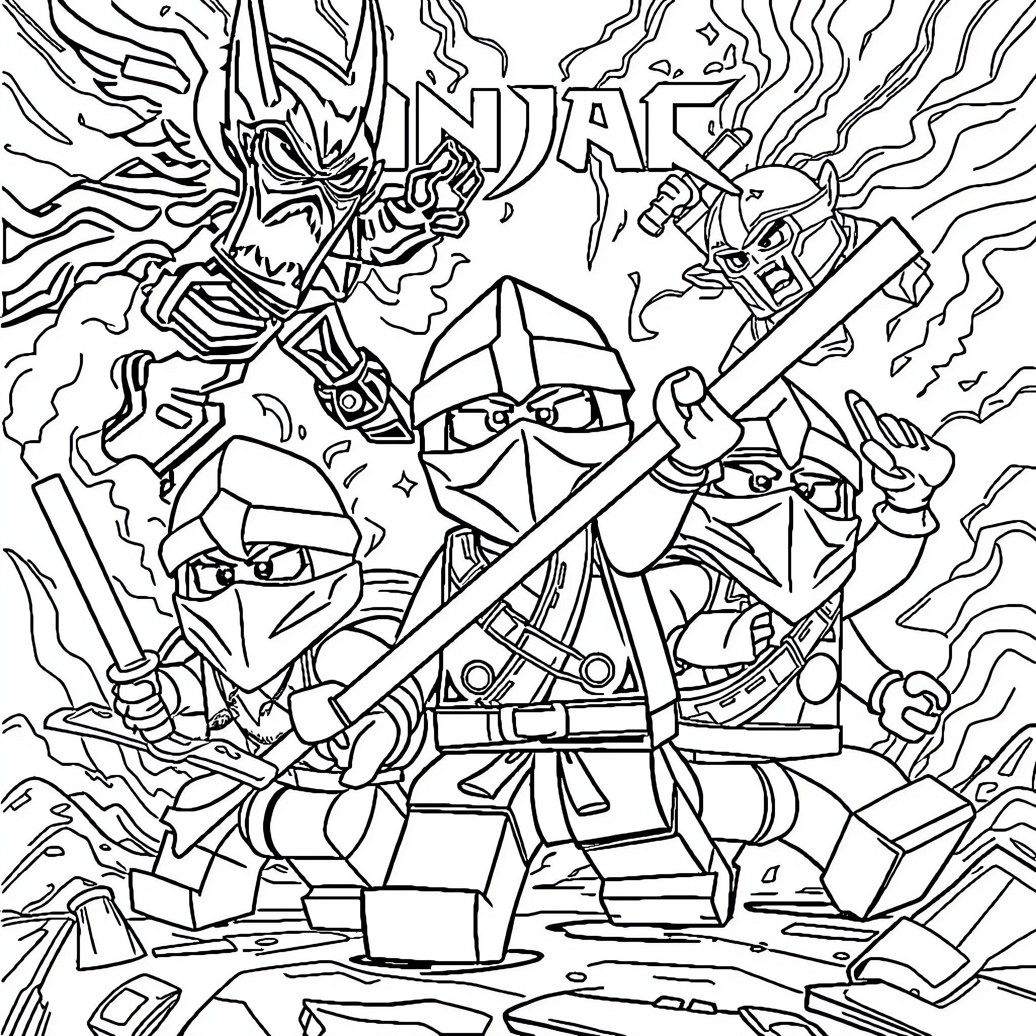 Ninjago Warriors in Epic Battle Coloring Page (free black-and-white line drawing printable PDF for all, from beginners to advanced learners, including children, teens, adults, and seniors)