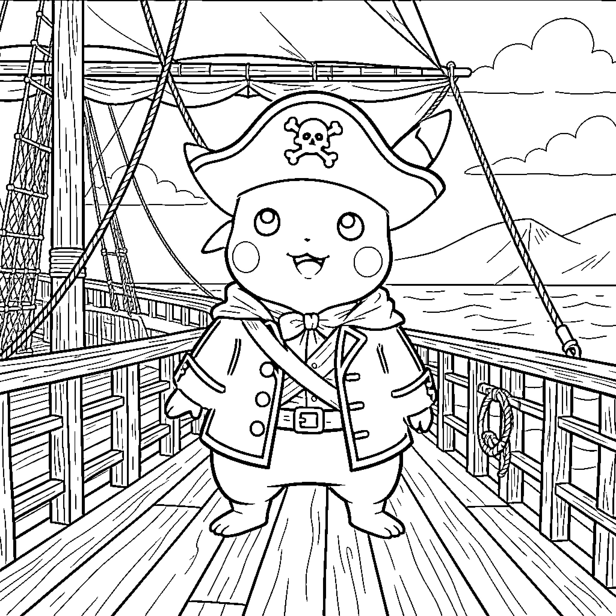 Pikachu dressed as a pirate on a ship Coloring Page (free black-and-white line drawing printable PDF for all, from beginners to advanced learners, including children, teens, adults, and seniors)
