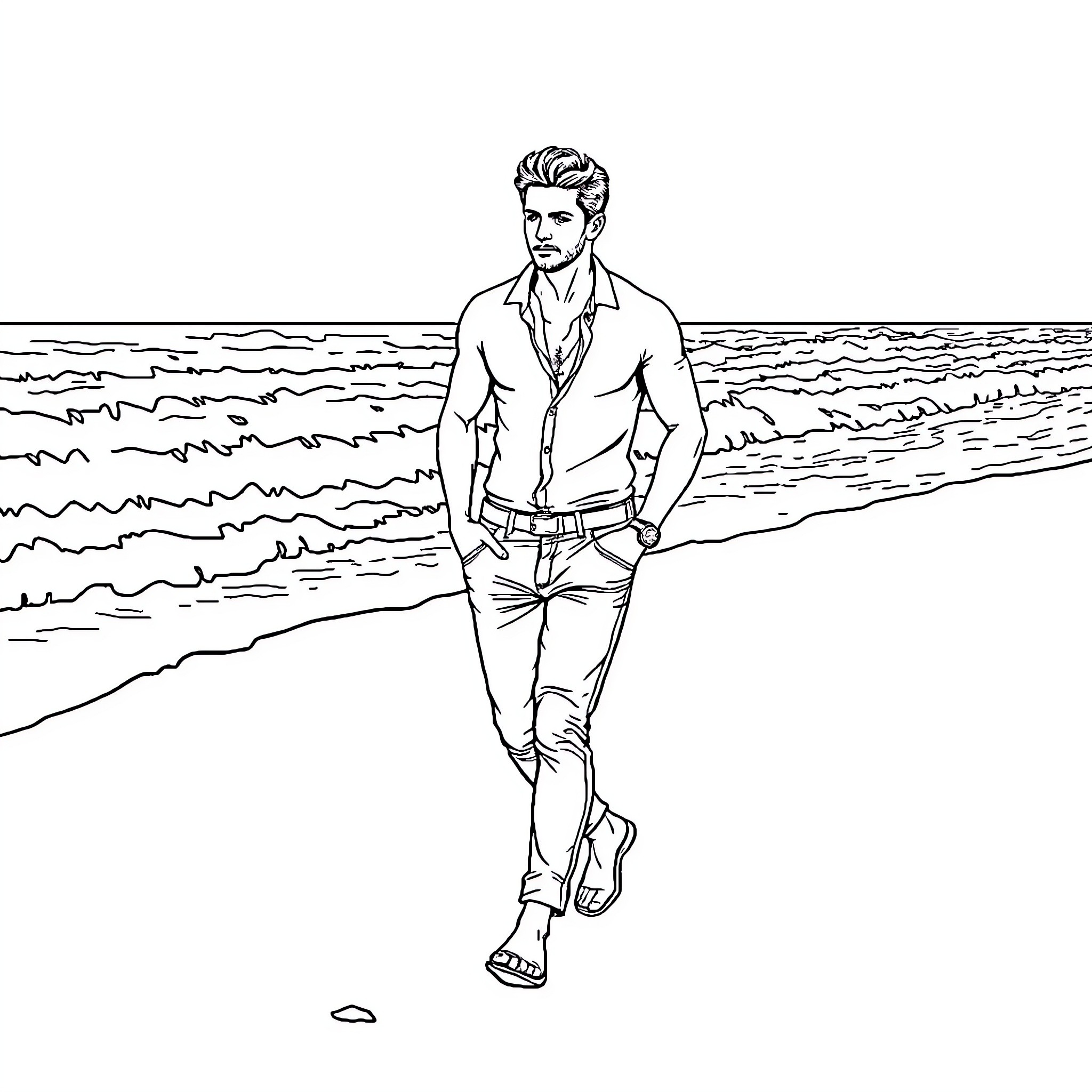 Man enjoying a casual stroll on the beach Coloring Page (free black-and-white line drawing printable PDF for all, from beginners to advanced learners, including children, teens, adults, and seniors)